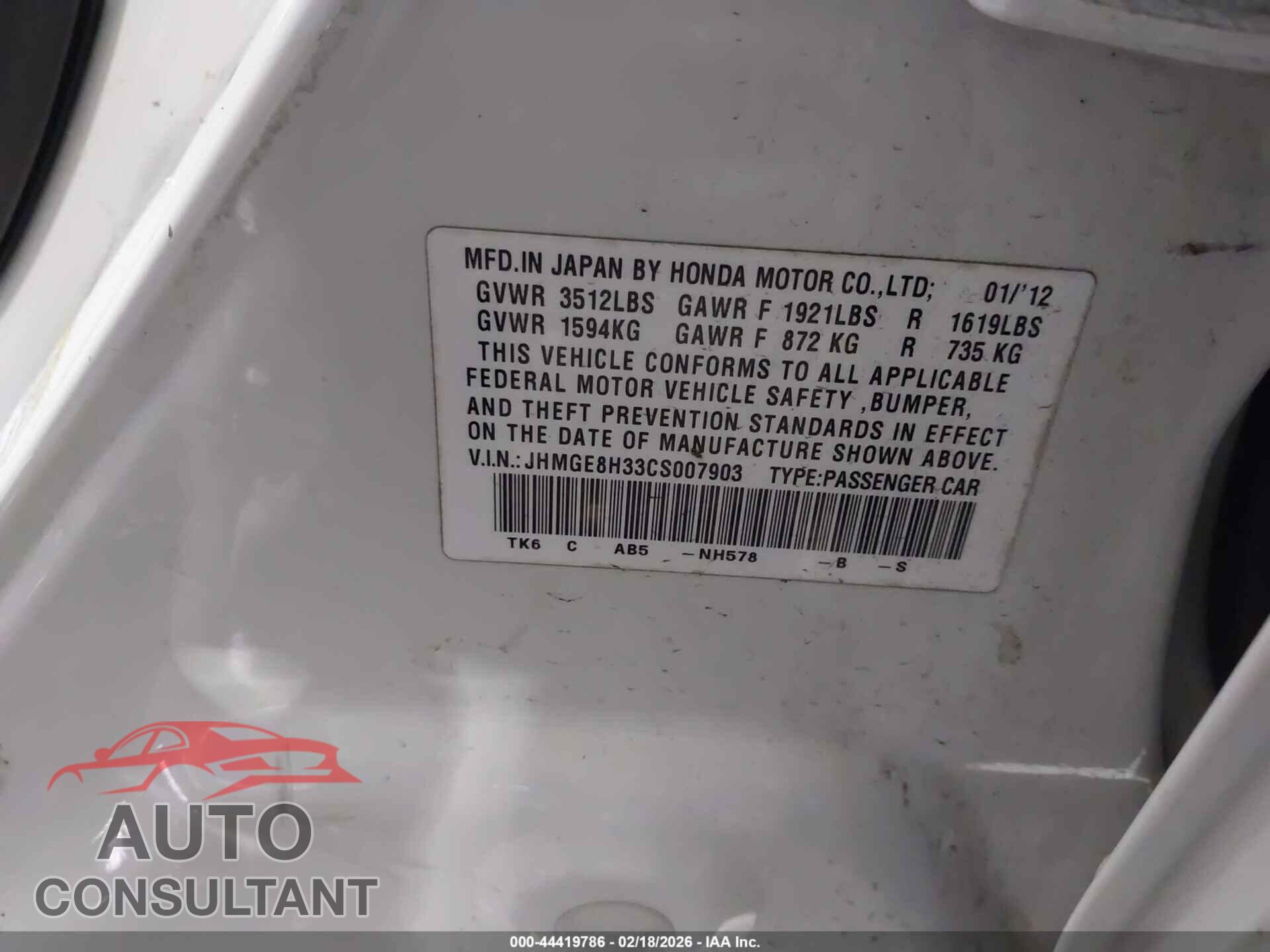 HONDA FIT 2012 - JHMGE8H33CS007903