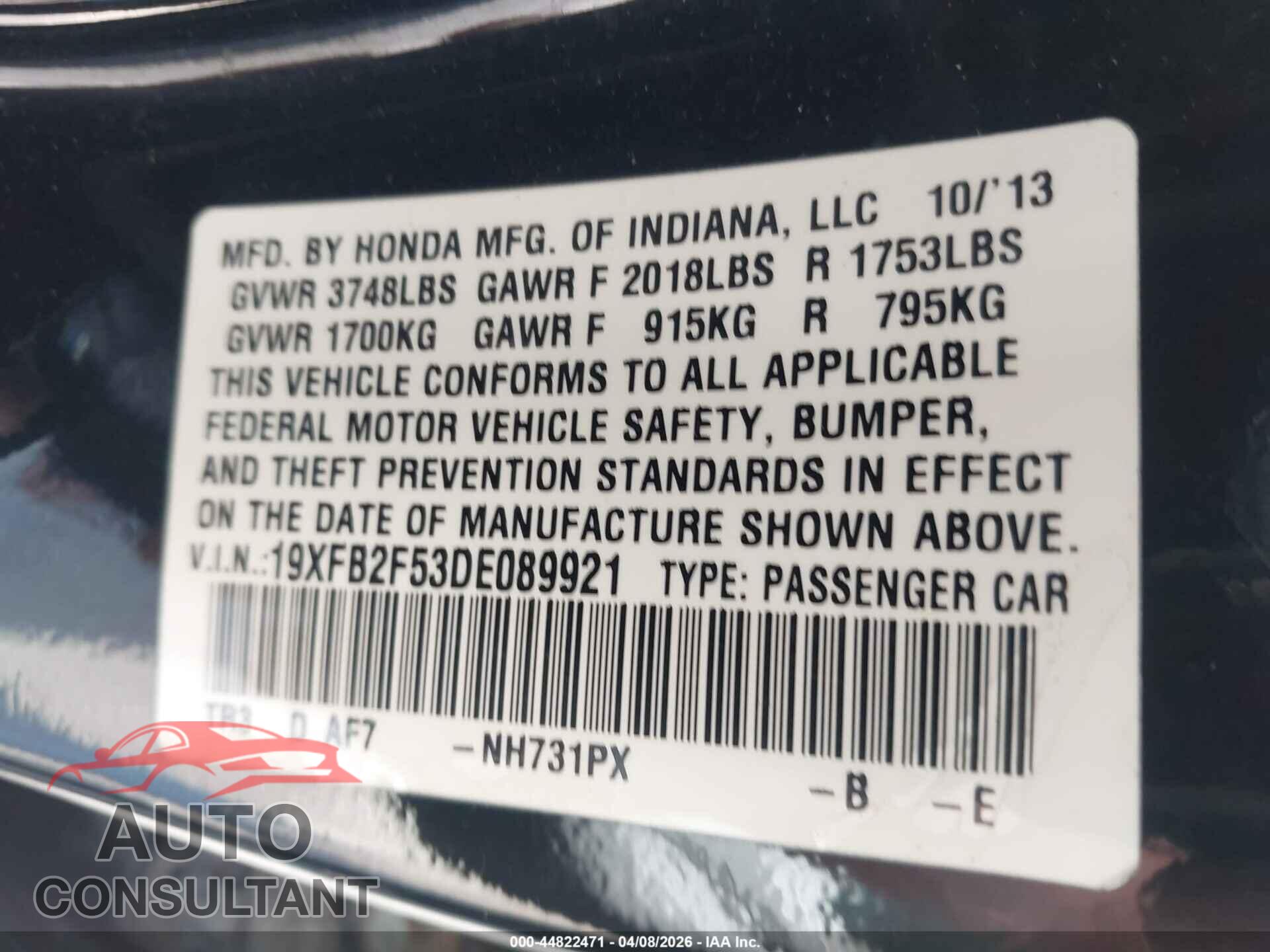 HONDA CIVIC 2013 - 19XFB2F53DE089921