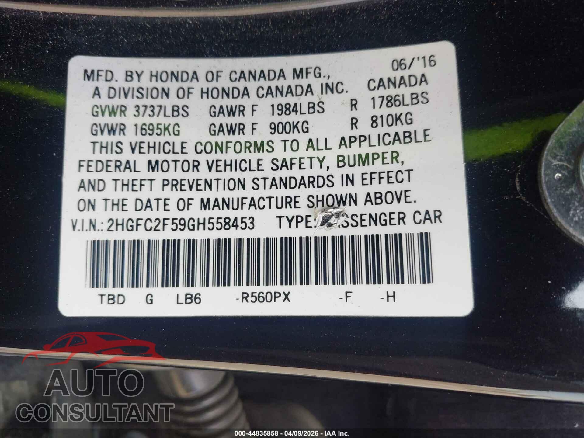 HONDA CIVIC 2016 - 2HGFC2F59GH558453