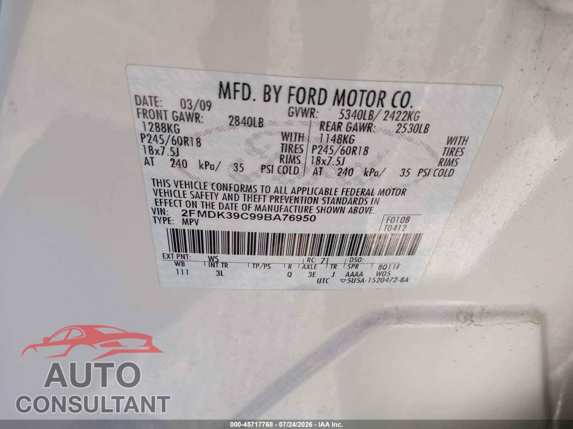 FORD EDGE 2009 - 2FMDK39C99BA76950