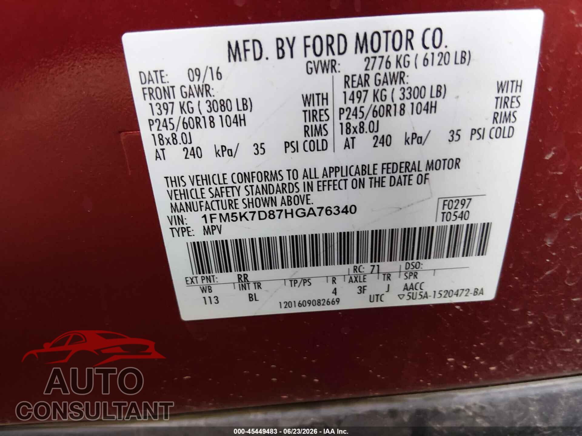FORD EXPLORER 2017 - 1FM5K7D87HGA76340
