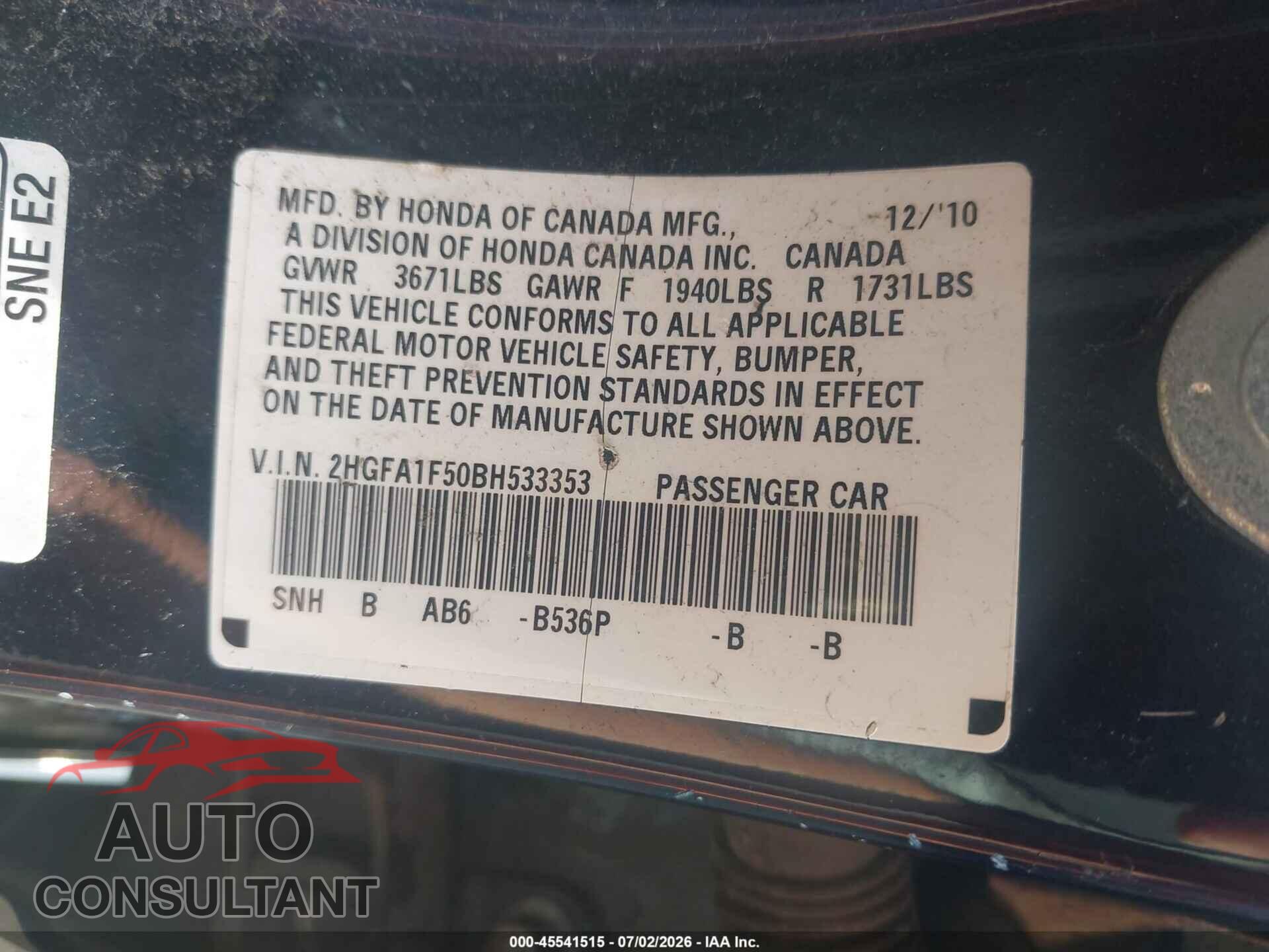 HONDA CIVIC 2011 - 2HGFA1F50BH533353