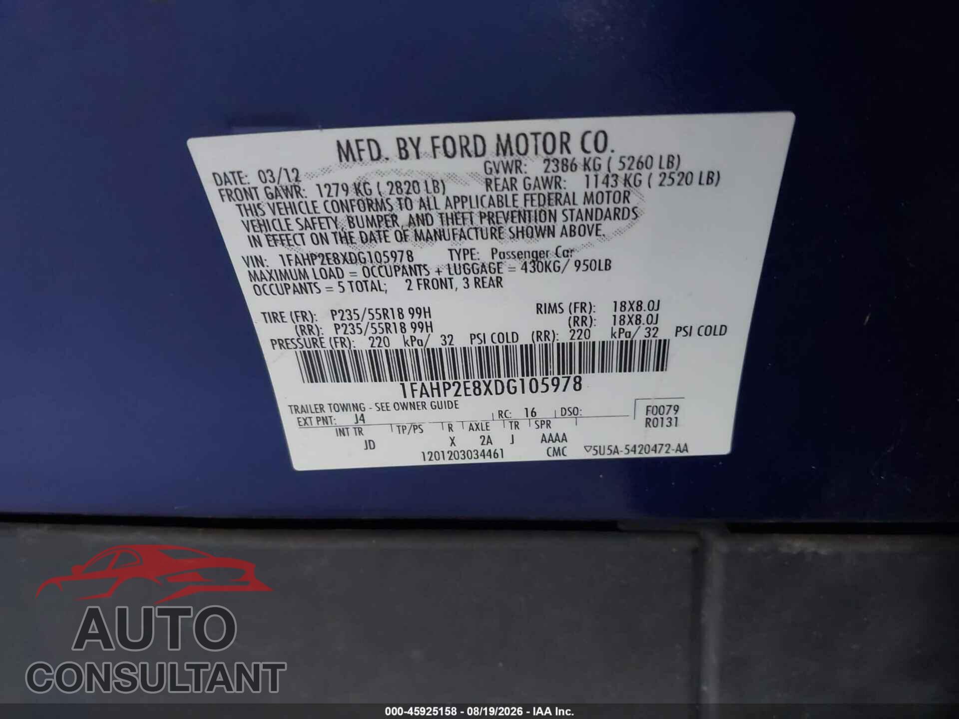 FORD TAURUS 2013 - 1FAHP2E8XDG105978