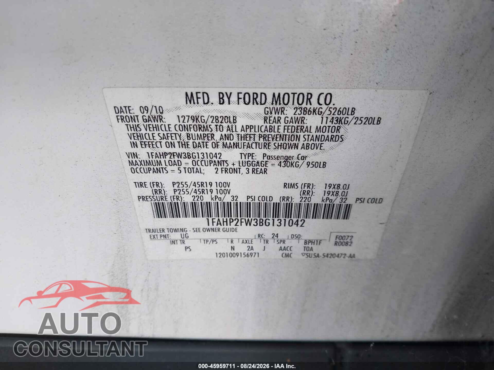 FORD TAURUS 2011 - 1FAHP2FW3BG131042