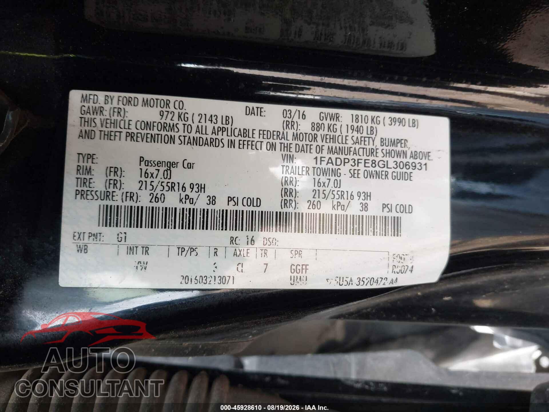 FORD FOCUS 2016 - 1FADP3FE8GL306931