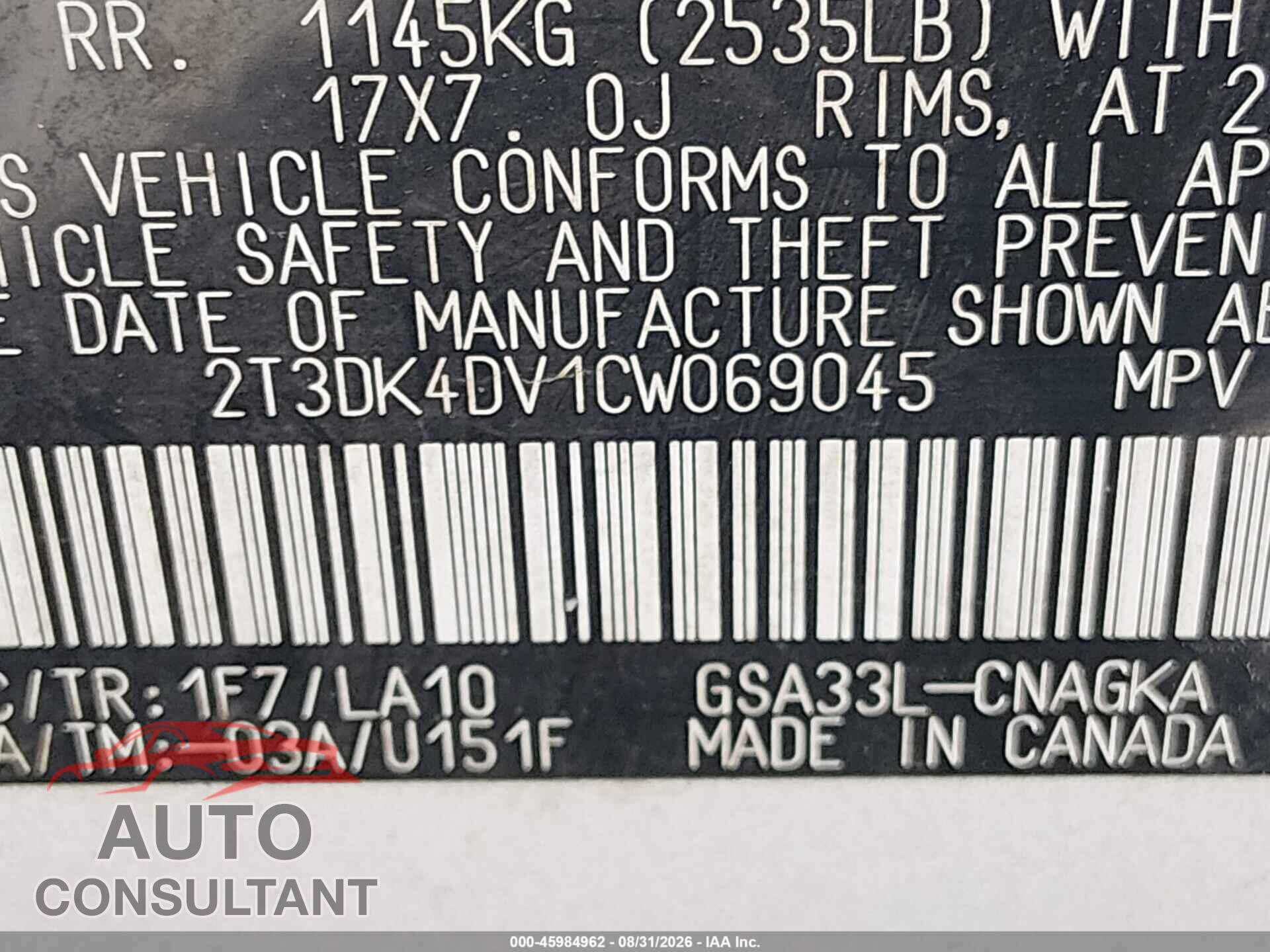 TOYOTA RAV4 2012 - 2T3DK4DV1CW069045