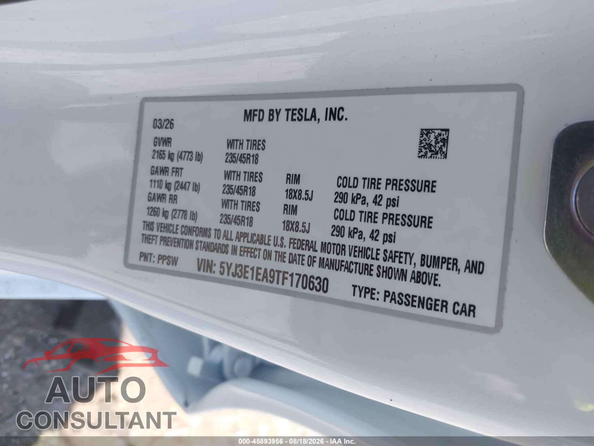 TESLA MODEL 3 2026 - 5YJ3E1EA9TF170630