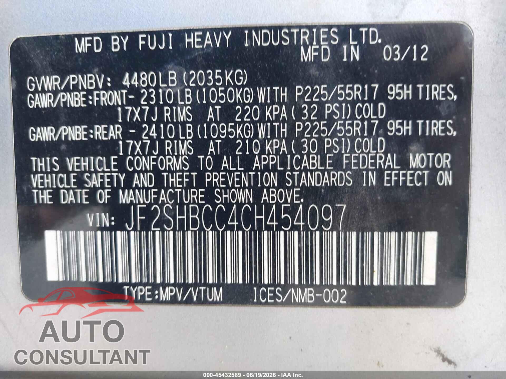 SUBARU FORESTER 2012 - JF2SHBCC4CH454097
