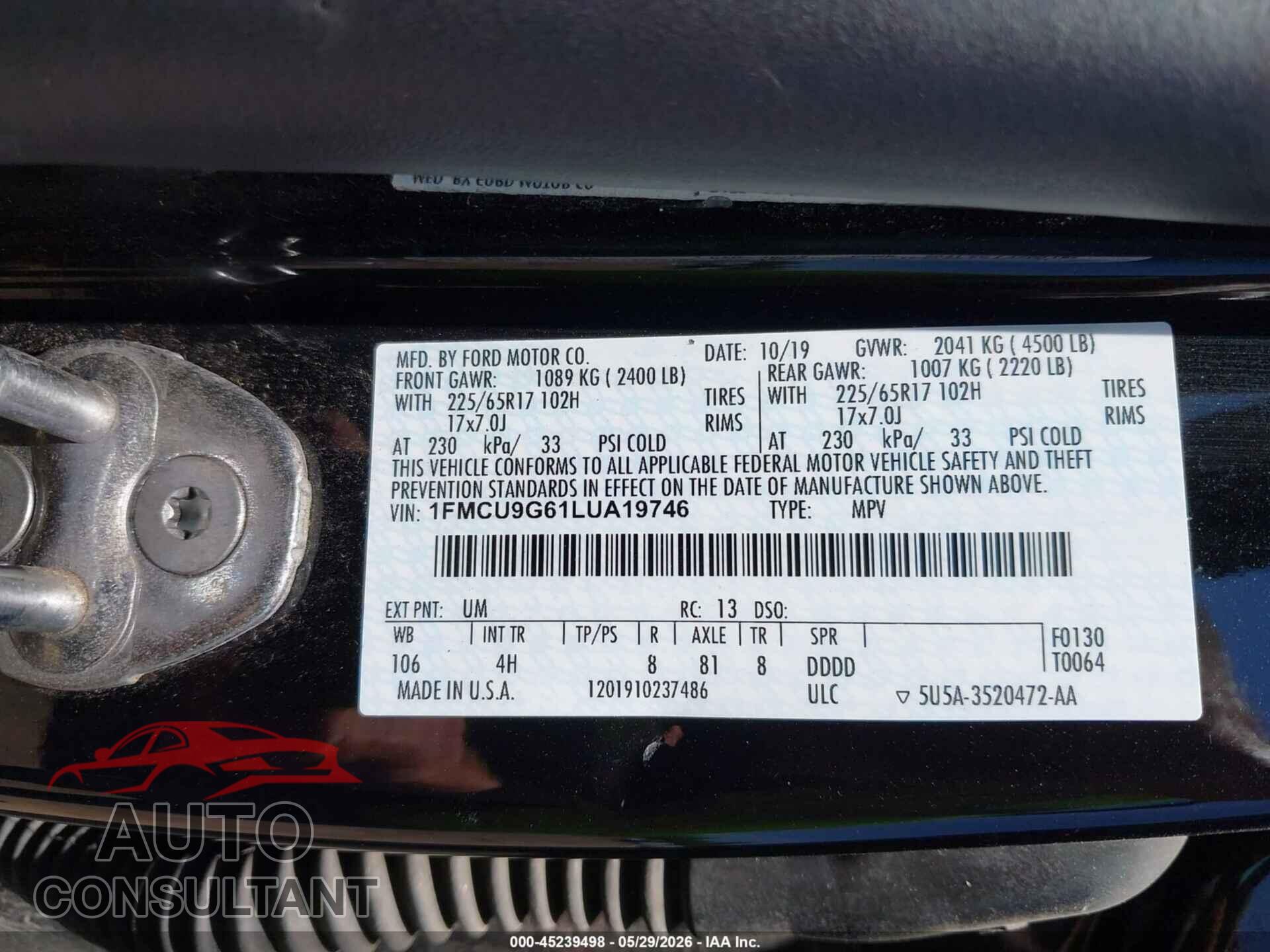 FORD ESCAPE 2020 - 1FMCU9G61LUA19746