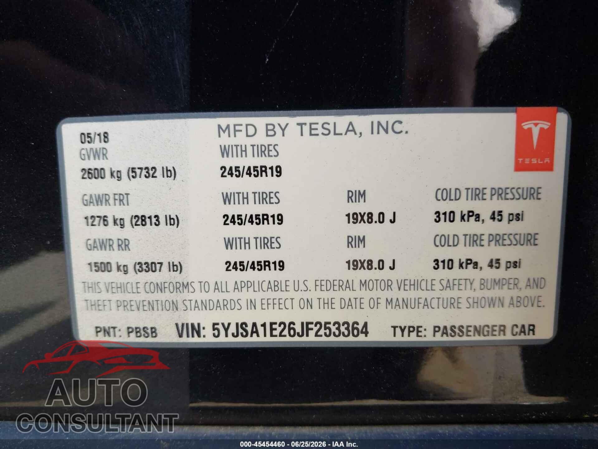 TESLA MODEL S 2018 - 5YJSA1E26JF253364