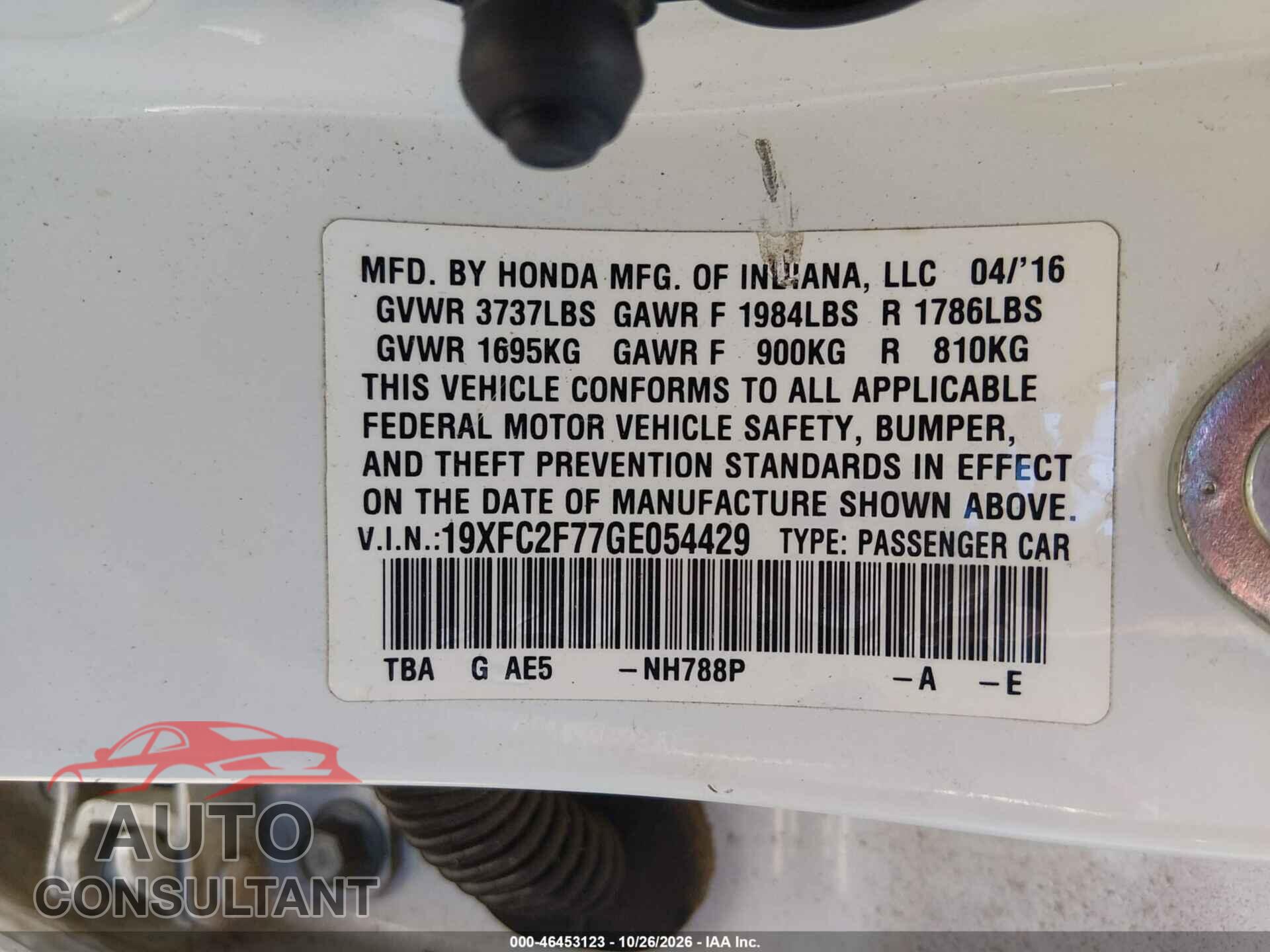 HONDA CIVIC 2016 - 19XFC2F77GE054429