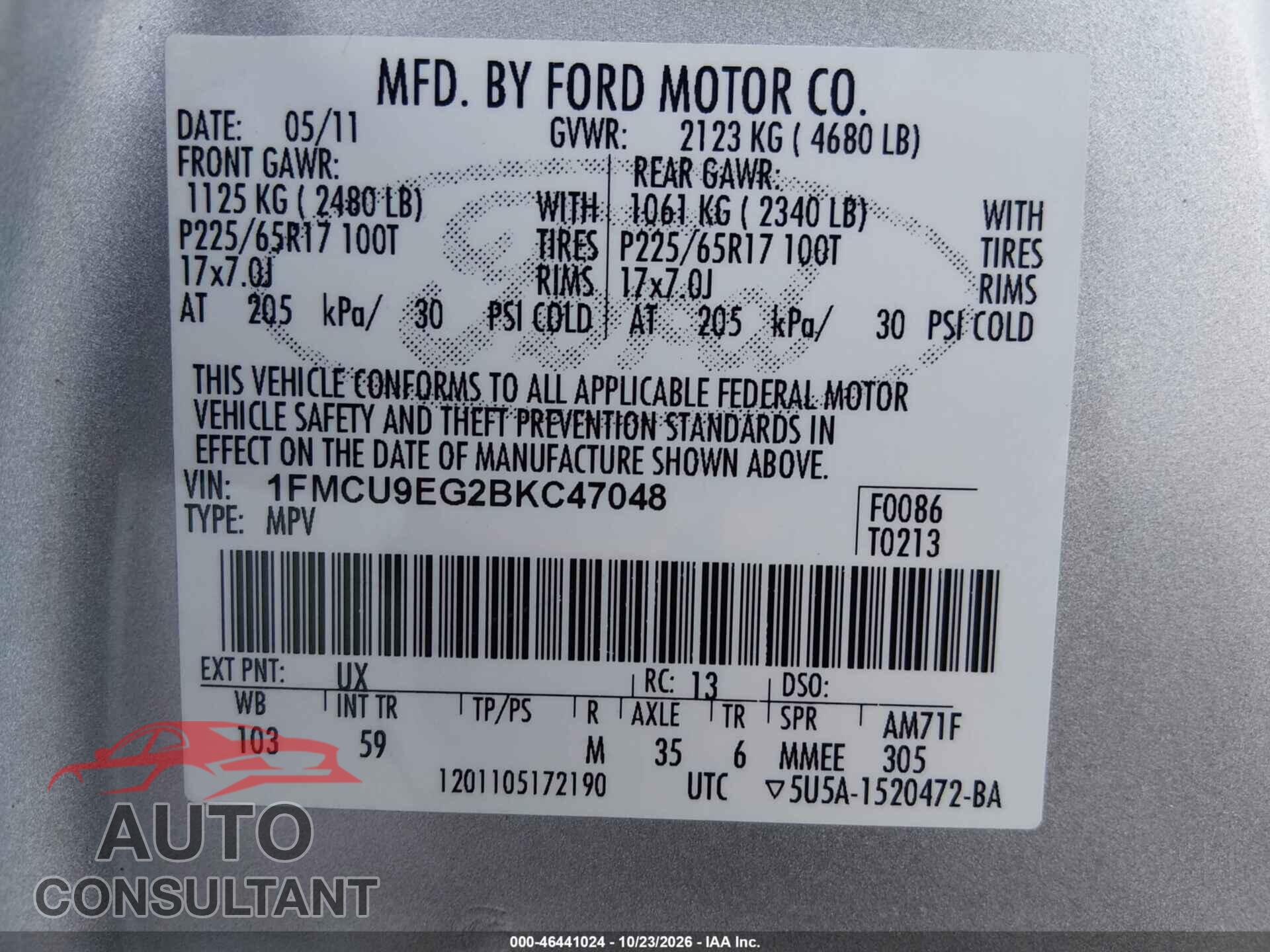 FORD ESCAPE 2011 - 1FMCU9EG2BKC47048