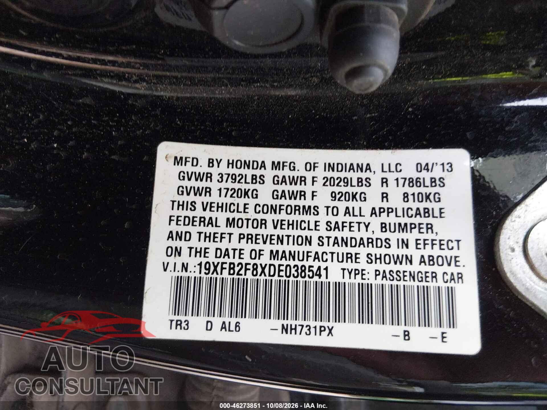 HONDA CIVIC 2013 - 19XFB2F8XDE038541