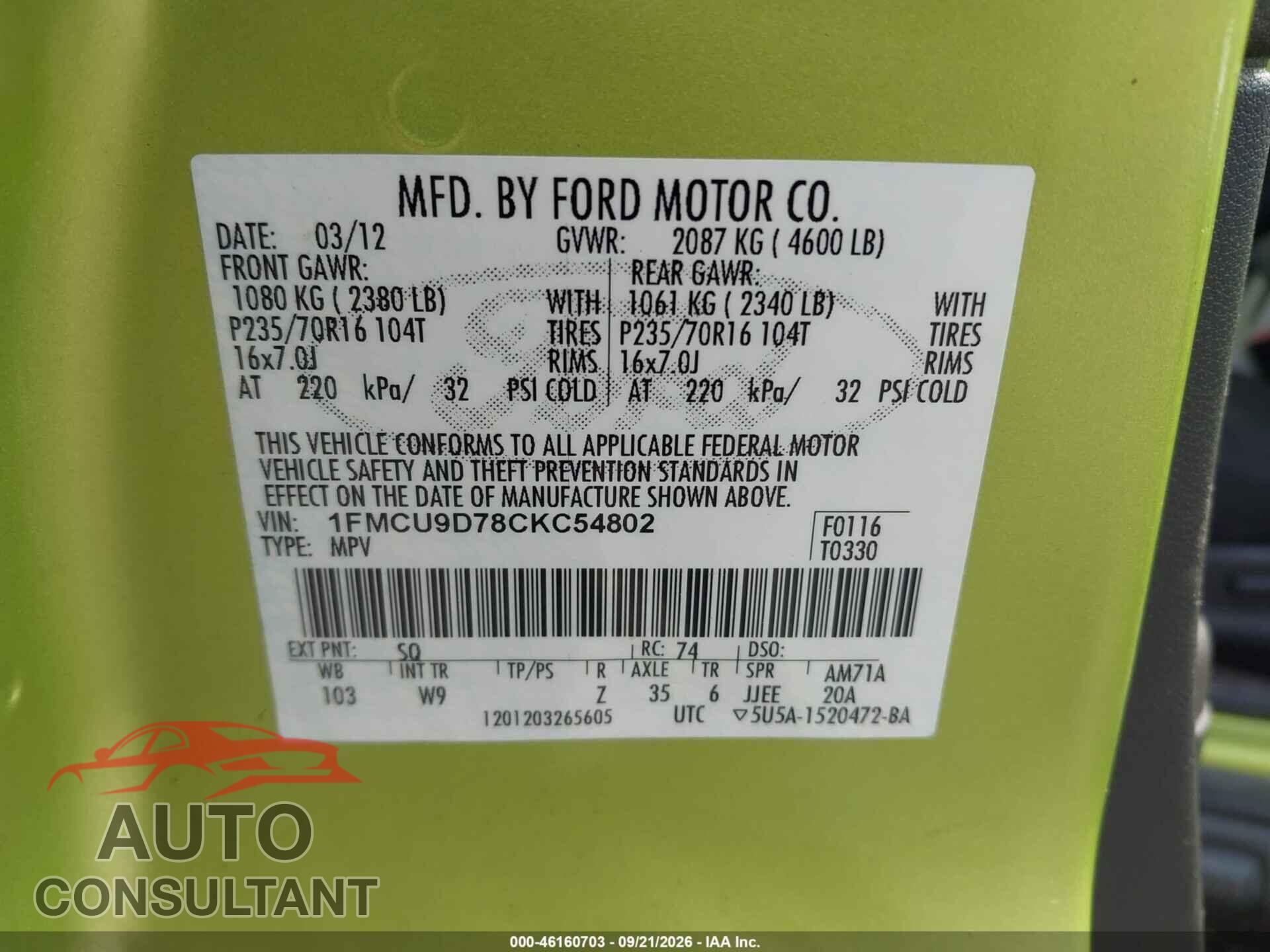 FORD ESCAPE 2012 - 1FMCU9D78CKC54802