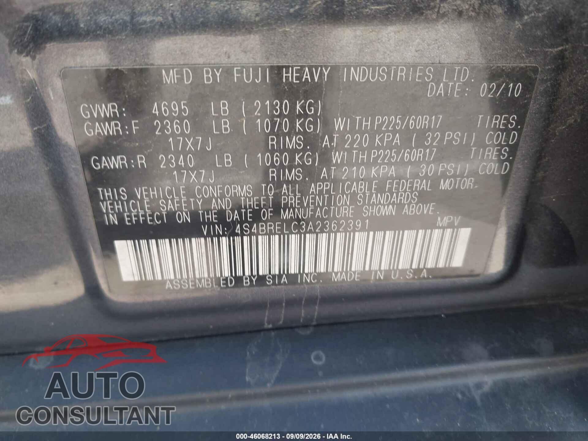 SUBARU OUTBACK 2010 - 4S4BRELC3A2362391
