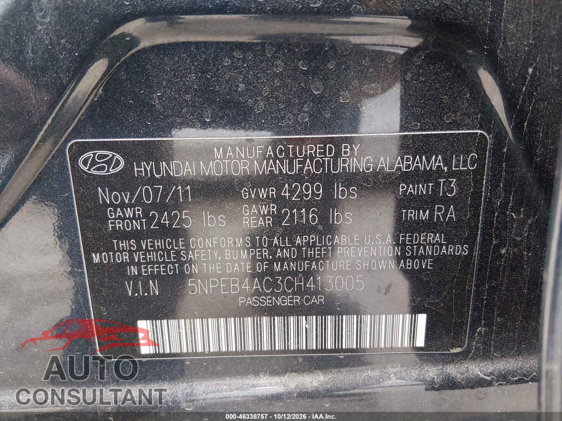 HYUNDAI SONATA 2012 - 5NPEB4AC3CH413005