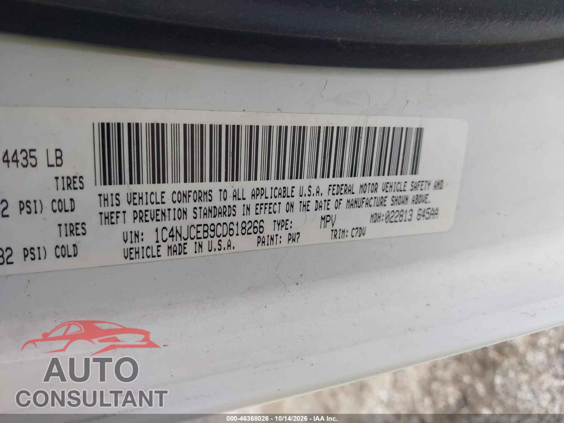 JEEP COMPASS 2012 - 1C4NJCEB9CD618266