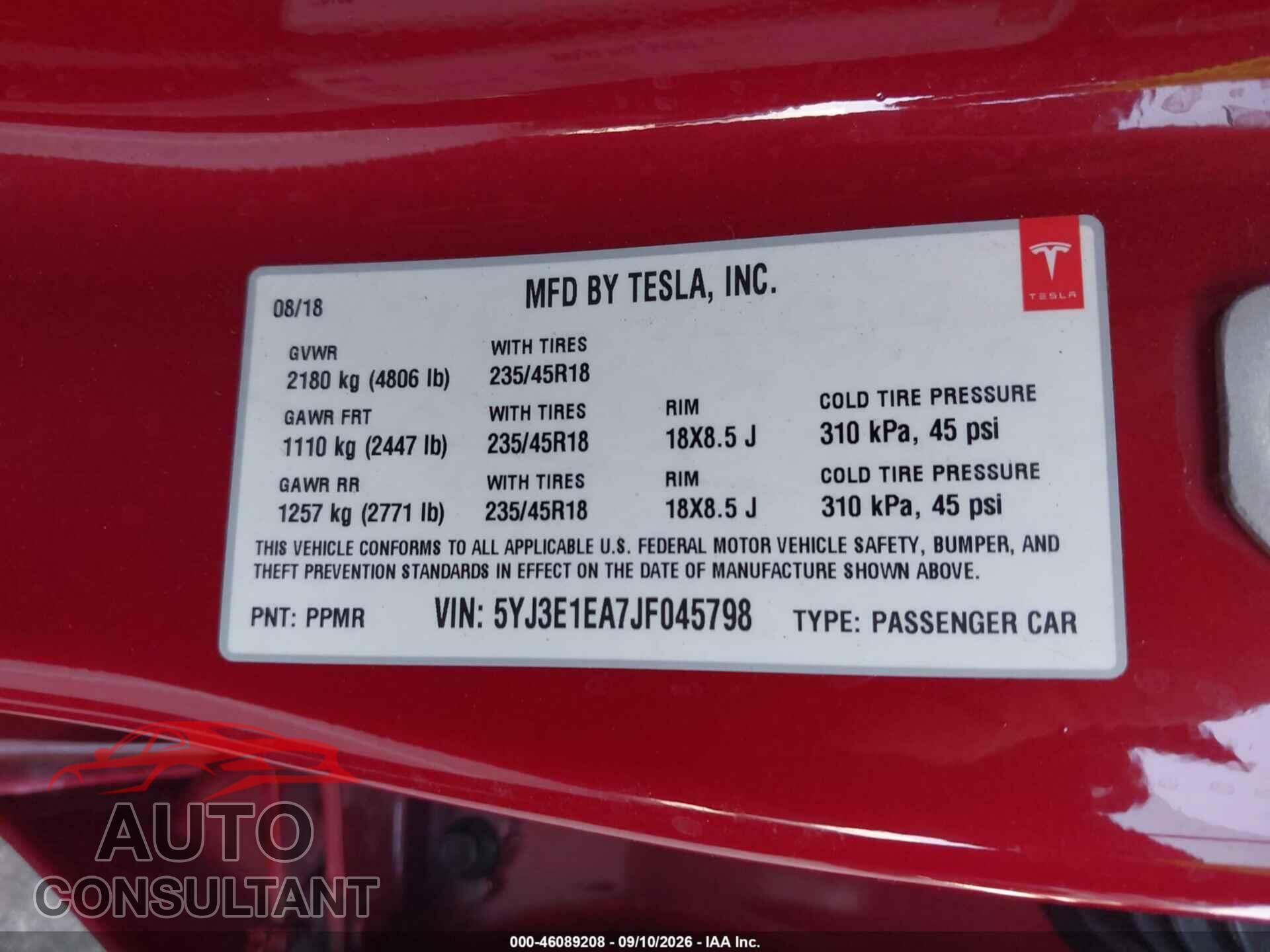 TESLA MODEL 3 2018 - 5YJ3E1EA7JF045798