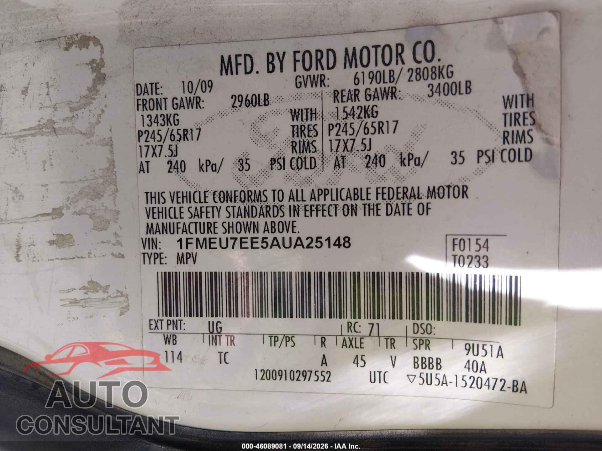 FORD EXPLORER 2010 - 1FMEU7EE5AUA25148