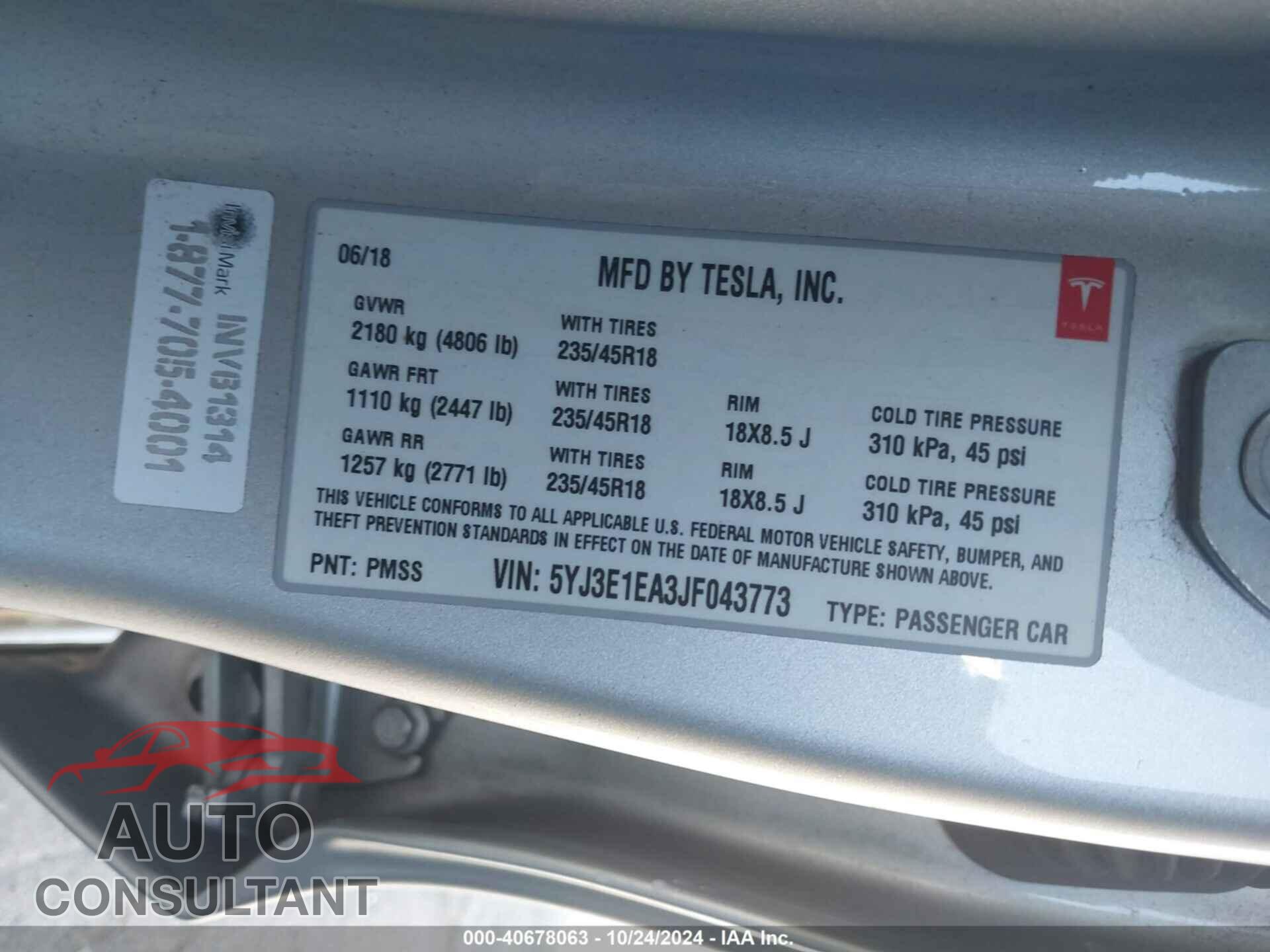 TESLA MODEL 3 2018 - 5YJ3E1EA3JF043773
