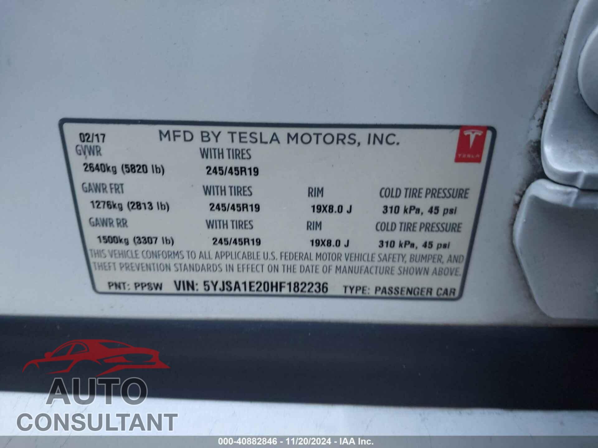 TESLA MODEL S 2017 - 5YJSA1E20HF182236