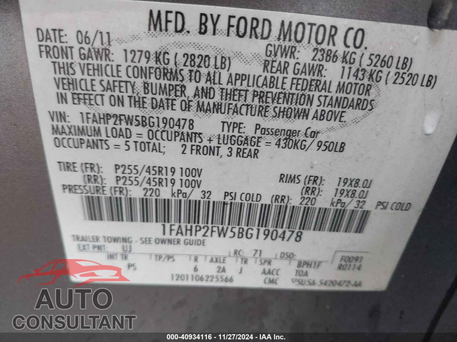 FORD TAURUS 2011 - 1FAHP2FW5BG190478