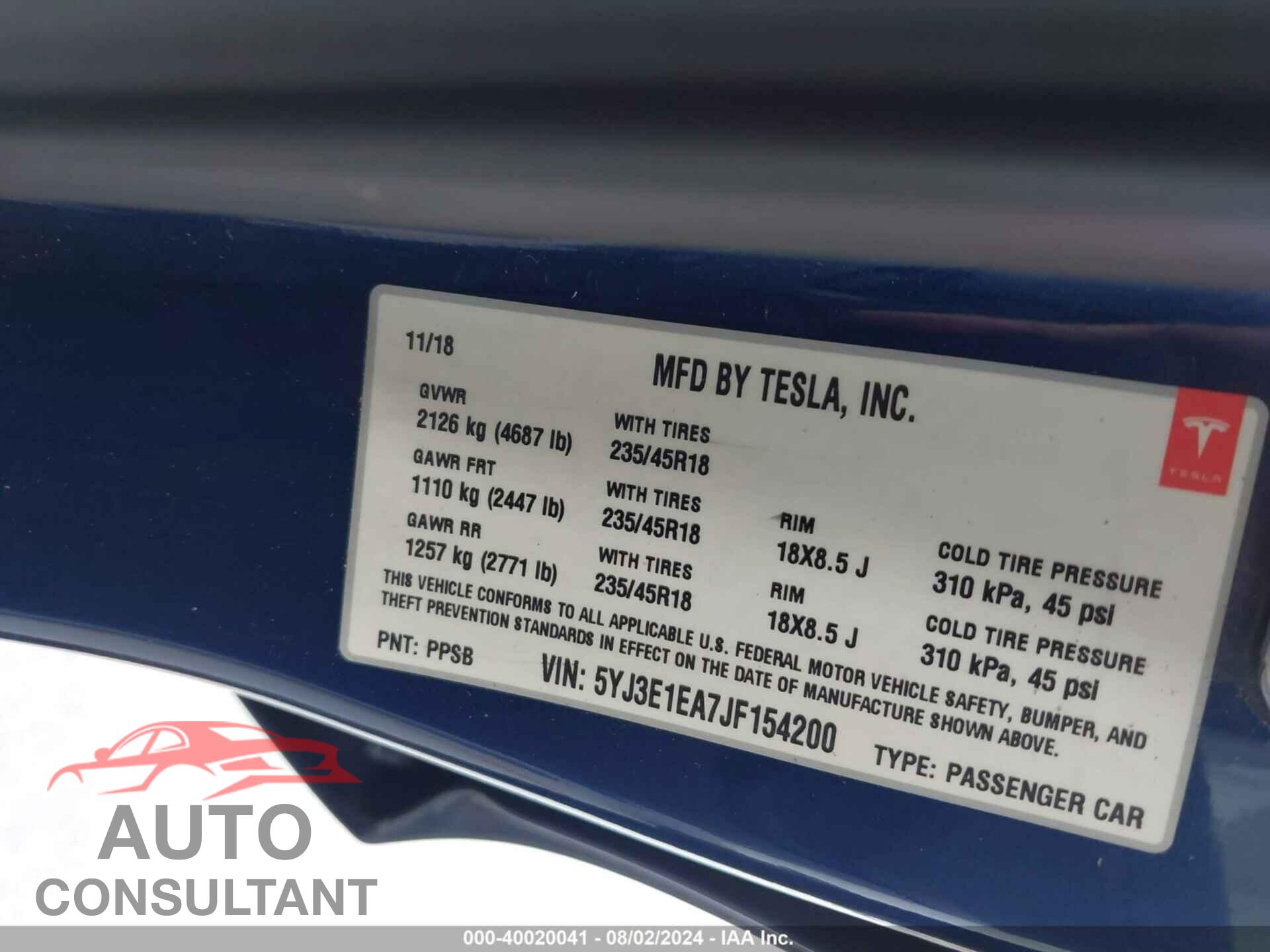 TESLA MODEL 3 2018 - 5YJ3E1EA7JF154200