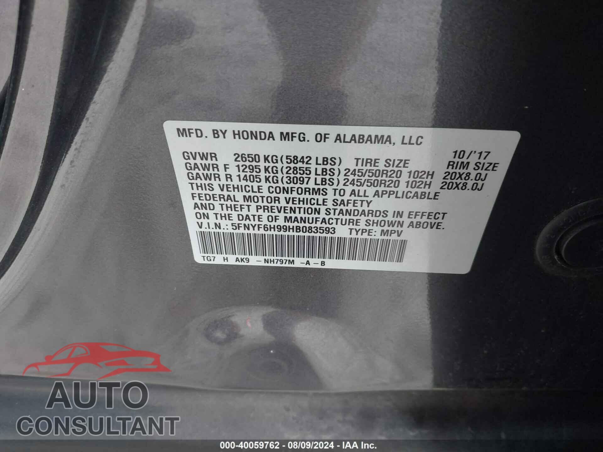HONDA PILOT 2017 - 5FNYF6H99HB083593