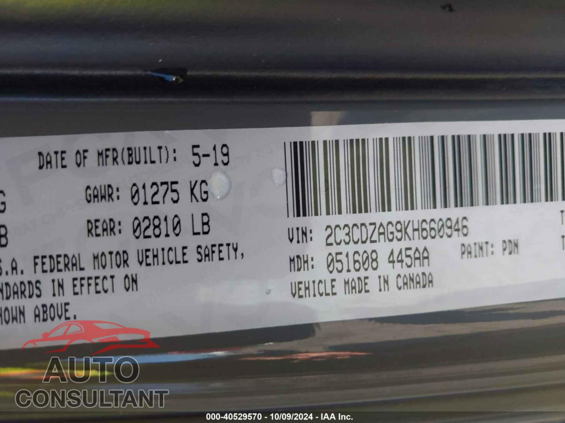 DODGE CHALLENGER 2019 - 2C3CDZAG9KH660946