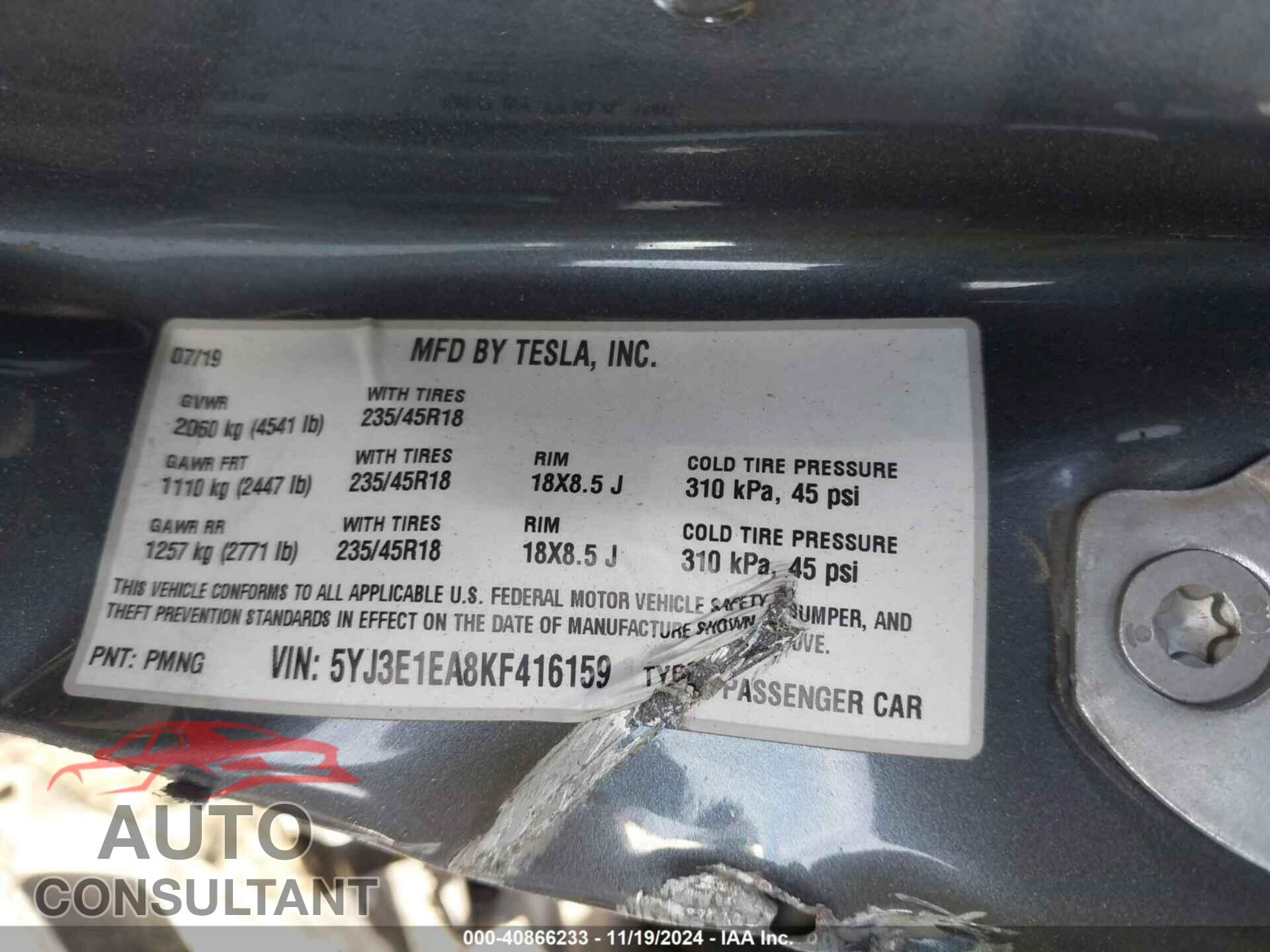 TESLA MODEL 3 2019 - 5YJ3E1EA8KF416159