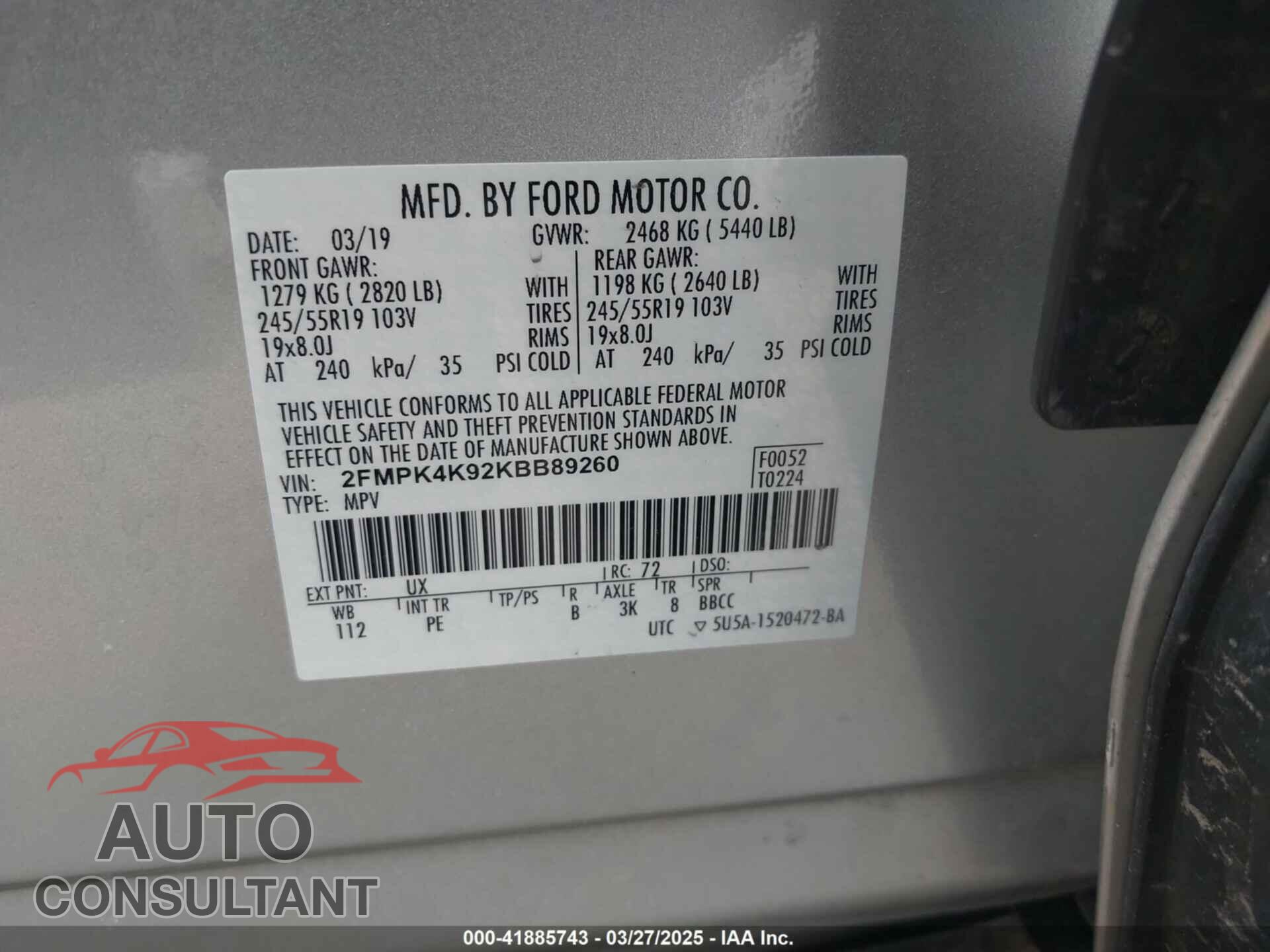FORD EDGE 2019 - 2FMPK4K92KBB89260
