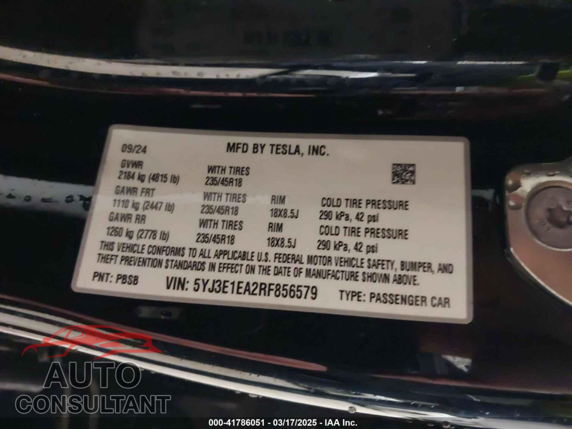 TESLA MODEL 3 2024 - 5YJ3E1EA2RF856579