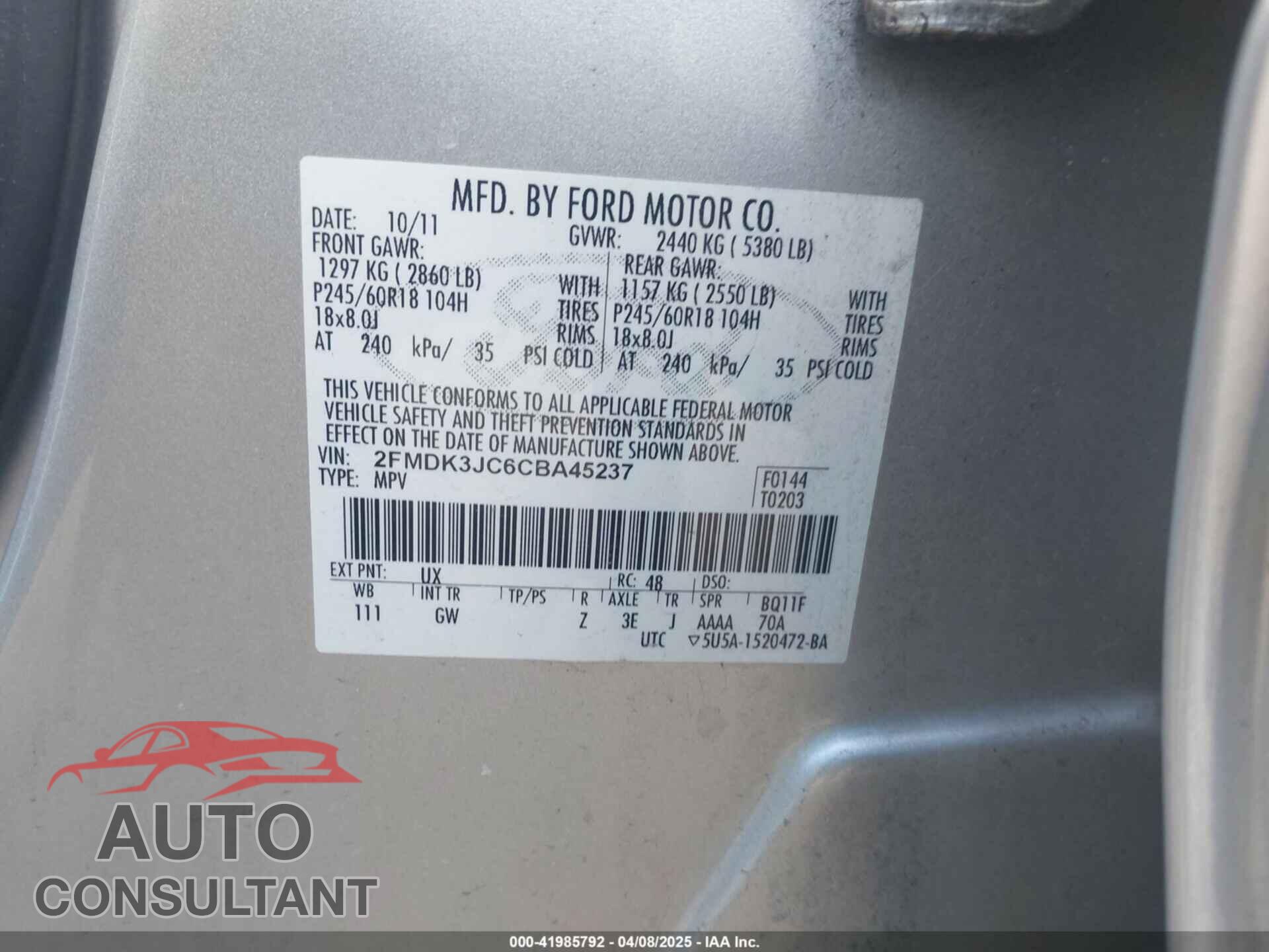 FORD EDGE 2012 - 2FMDK3JC6CBA45237
