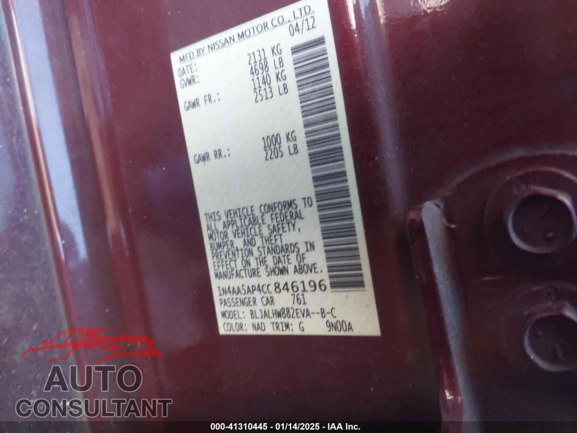 NISSAN MAXIMA 2012 - 1N4AA5AP4CC846196