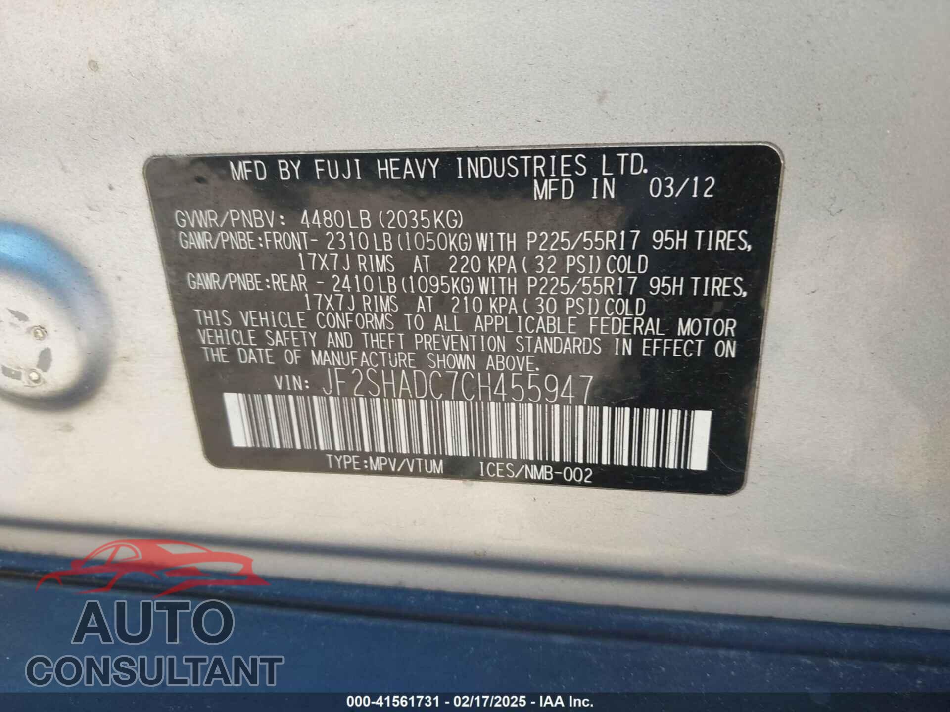 SUBARU FORESTER 2012 - JF2SHADC7CH455947