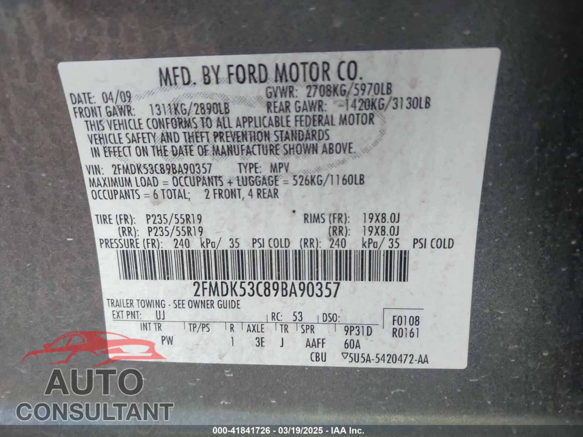 FORD FLEX 2009 - 2FMDK53C89BA90357