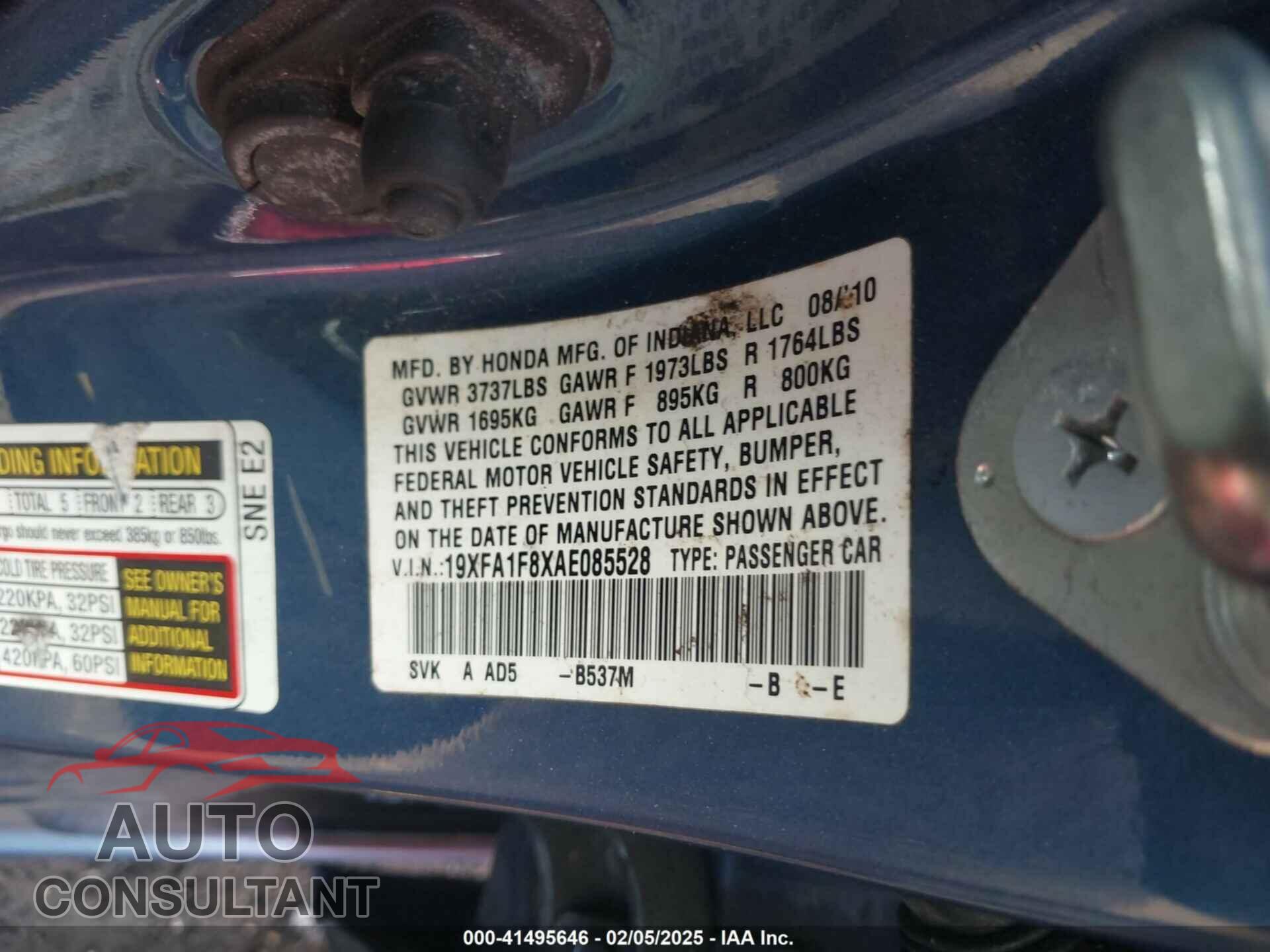 HONDA CIVIC 2010 - 19XFA1F8XAE085528