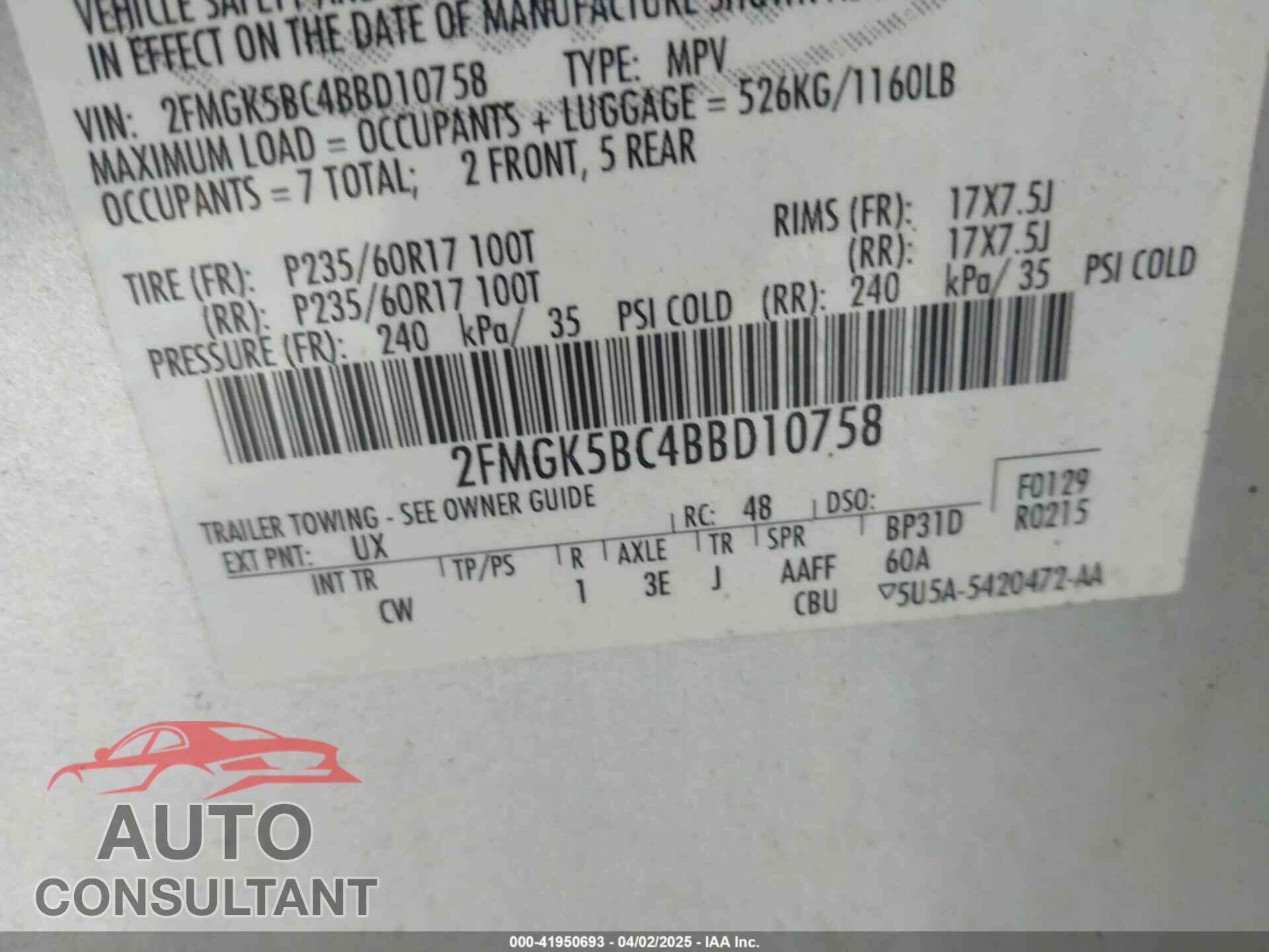 FORD FLEX 2011 - 2FMGK5BC4BBD10758