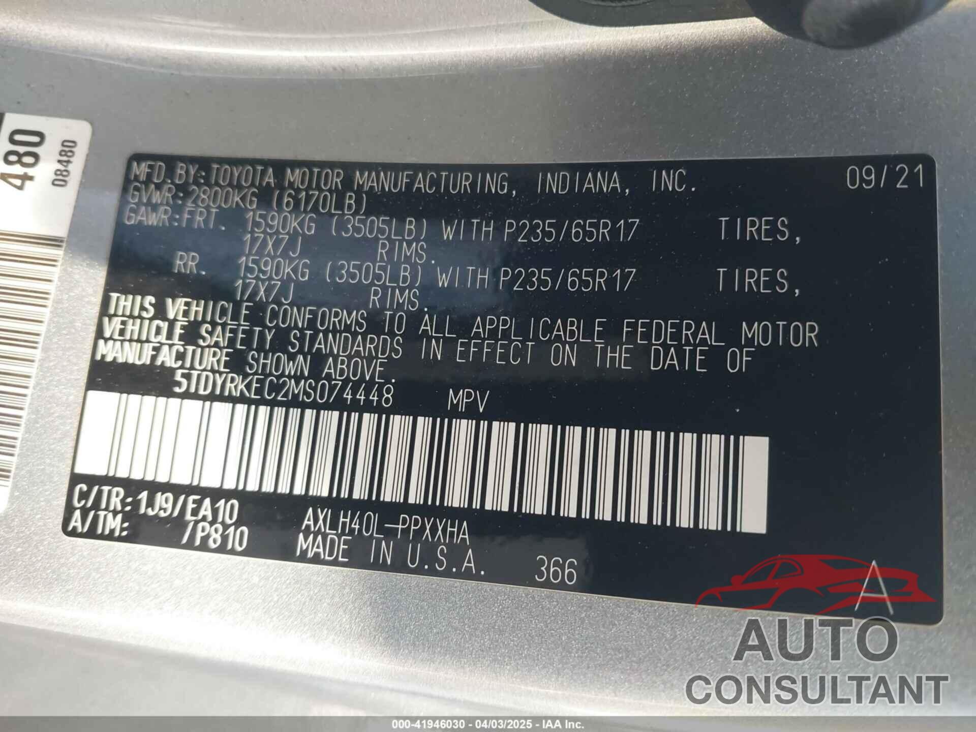 TOYOTA SIENNA 2021 - 5TDYRKEC2MS074448