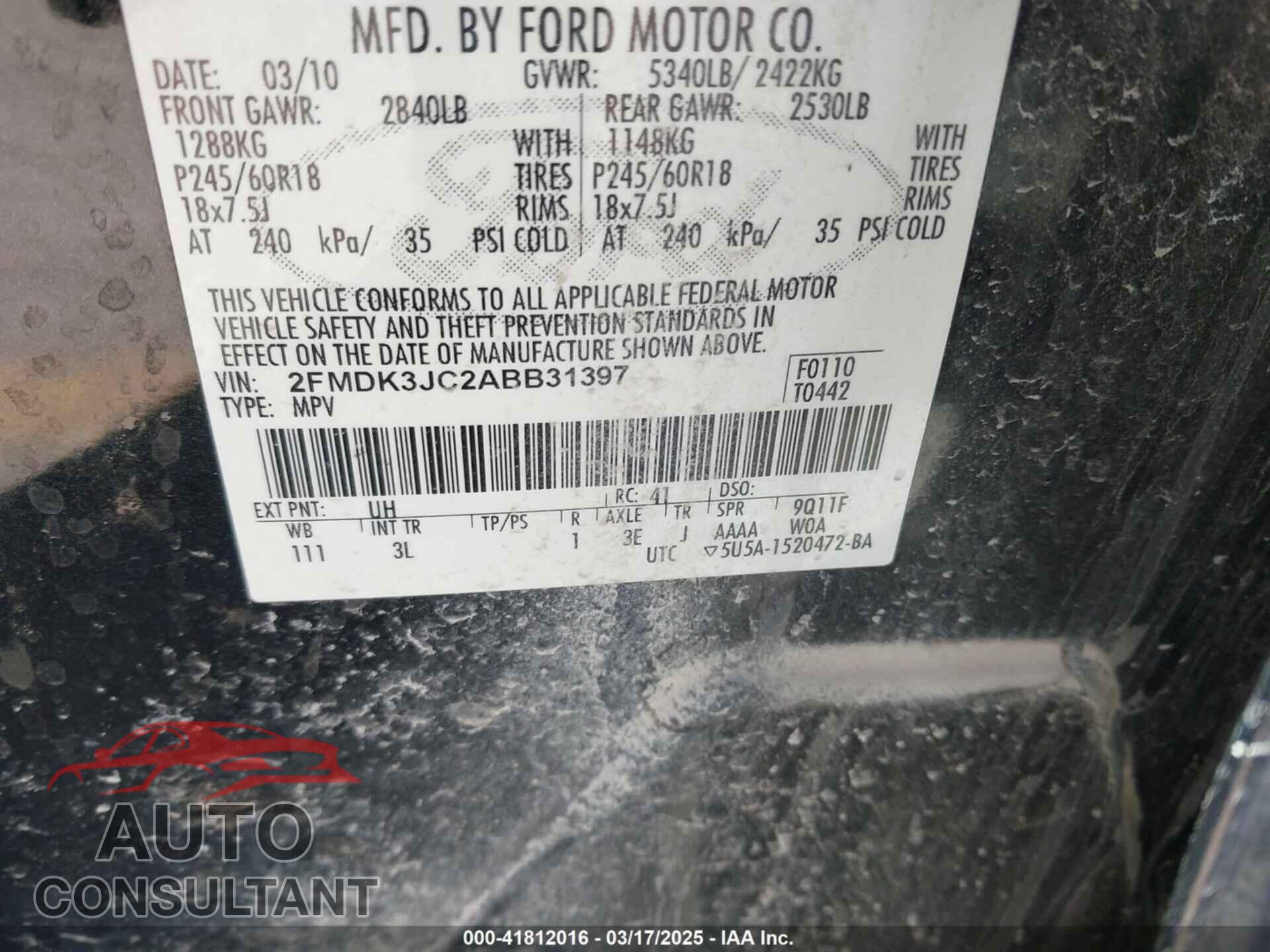 FORD EDGE 2010 - 2FMDK3JC2ABB31397
