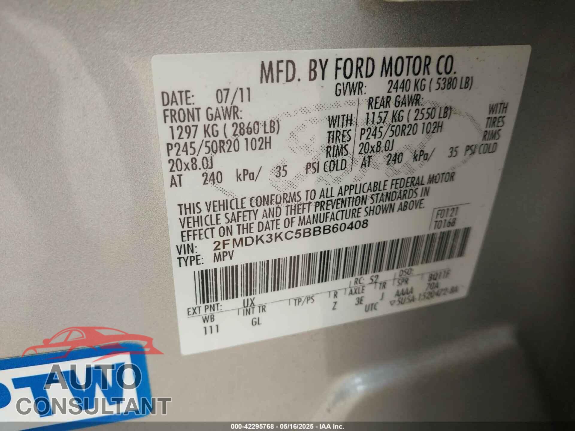 FORD EDGE 2011 - 2FMDK3KC5BBB60408