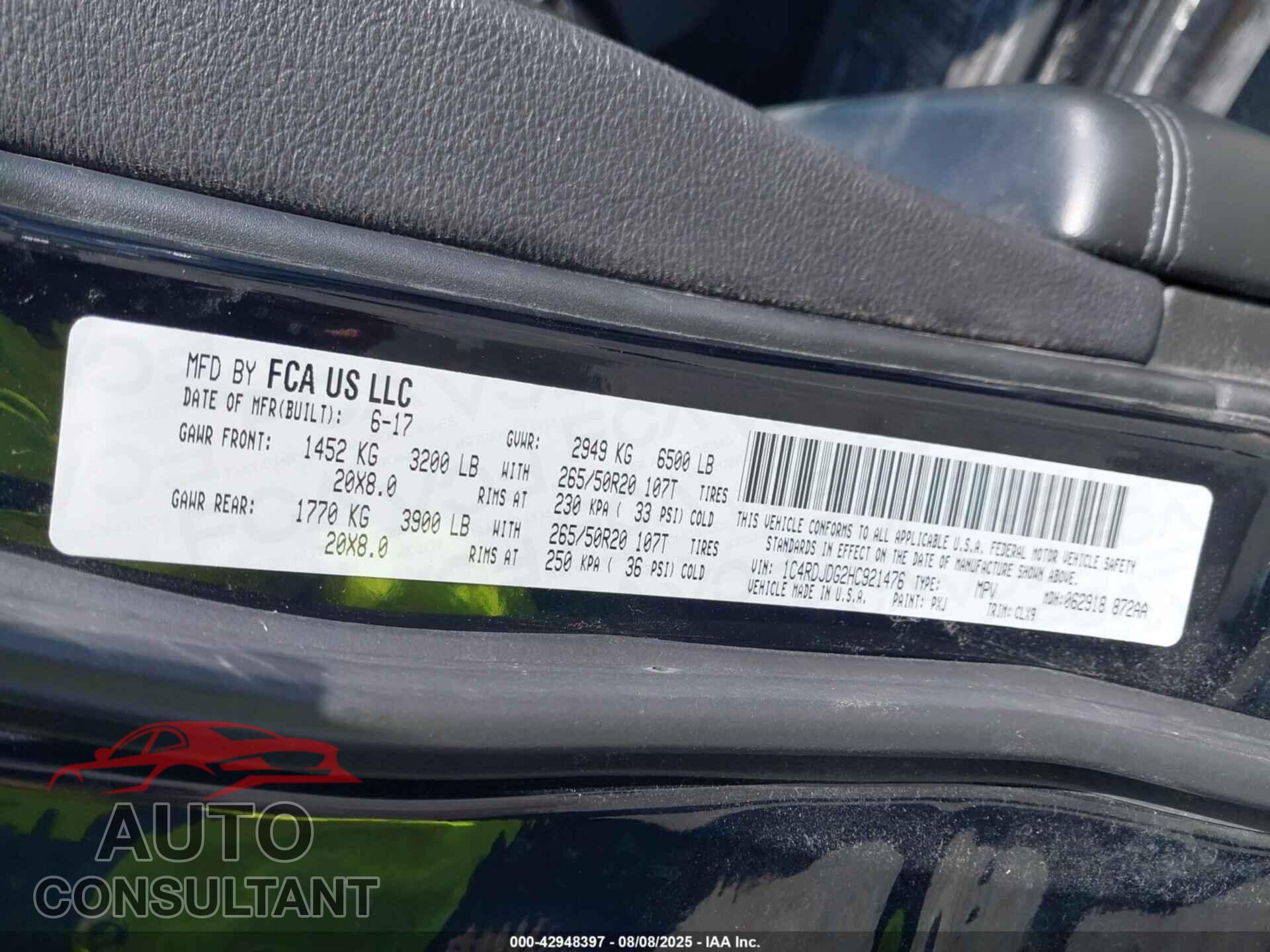 DODGE DURANGO 2017 - 1C4RDJDG2HC921476