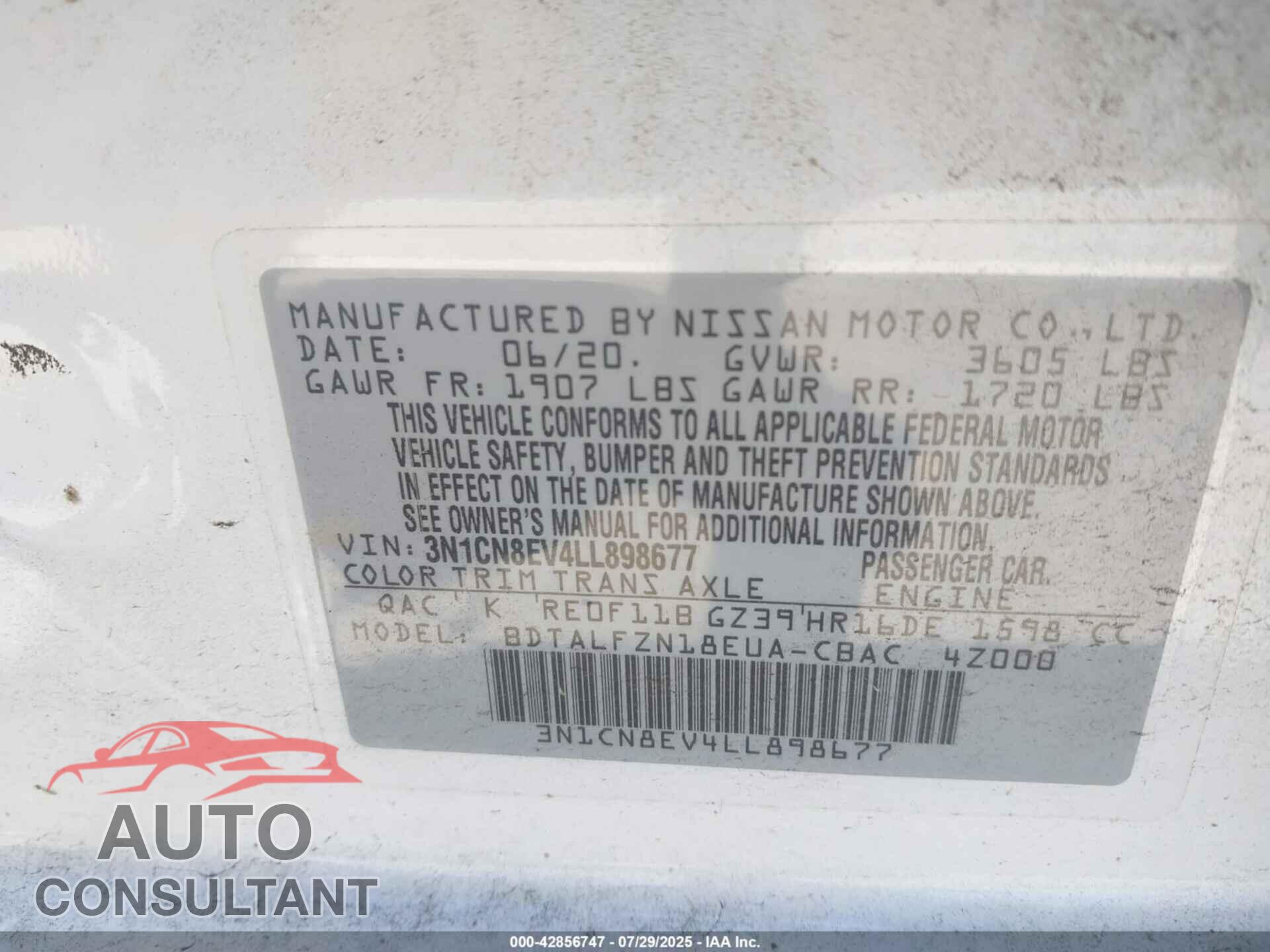 NISSAN VERSA 2020 - 3N1CN8EV4LL898677