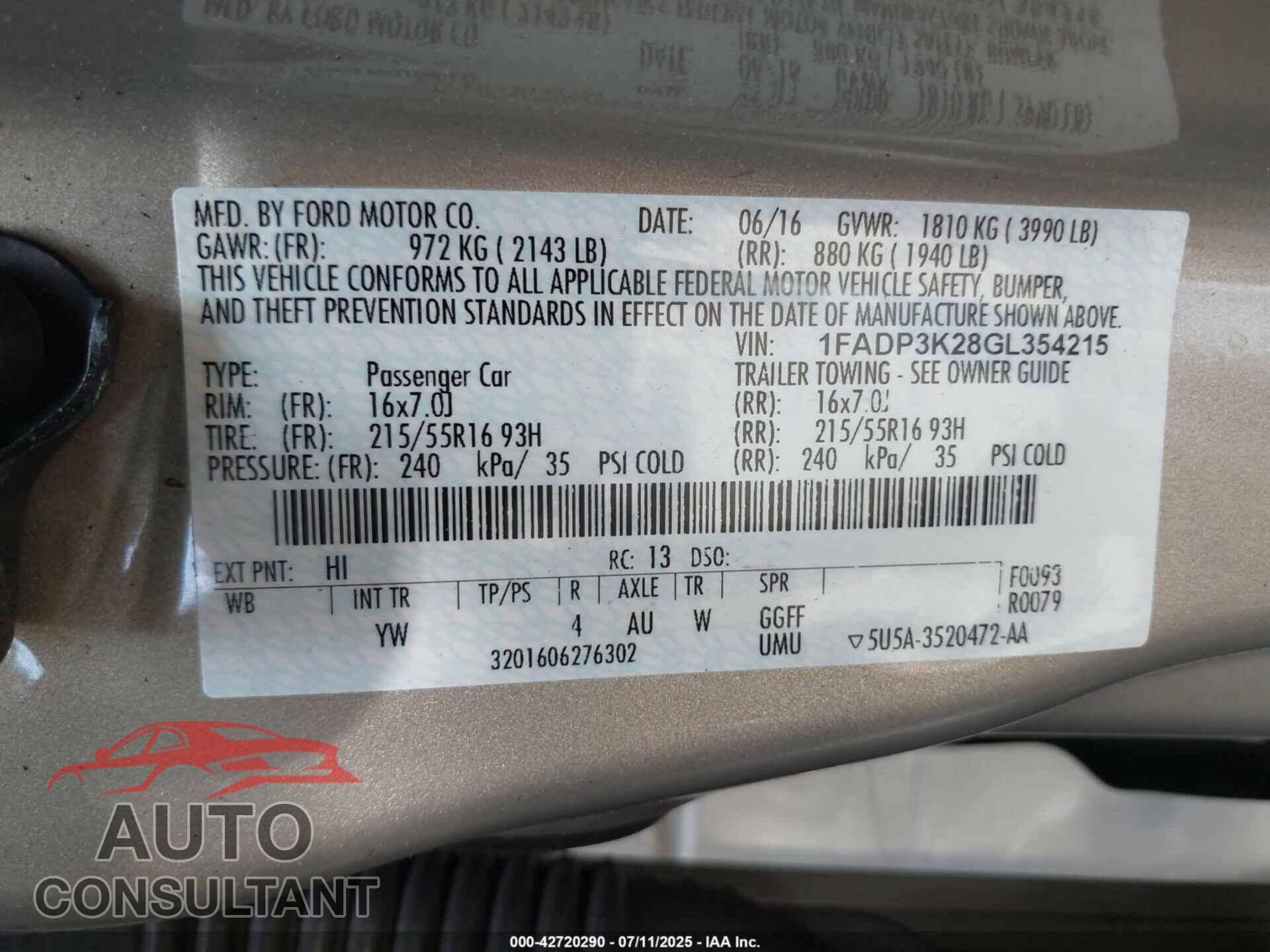 FORD FOCUS 2016 - 1FADP3K28GL354215