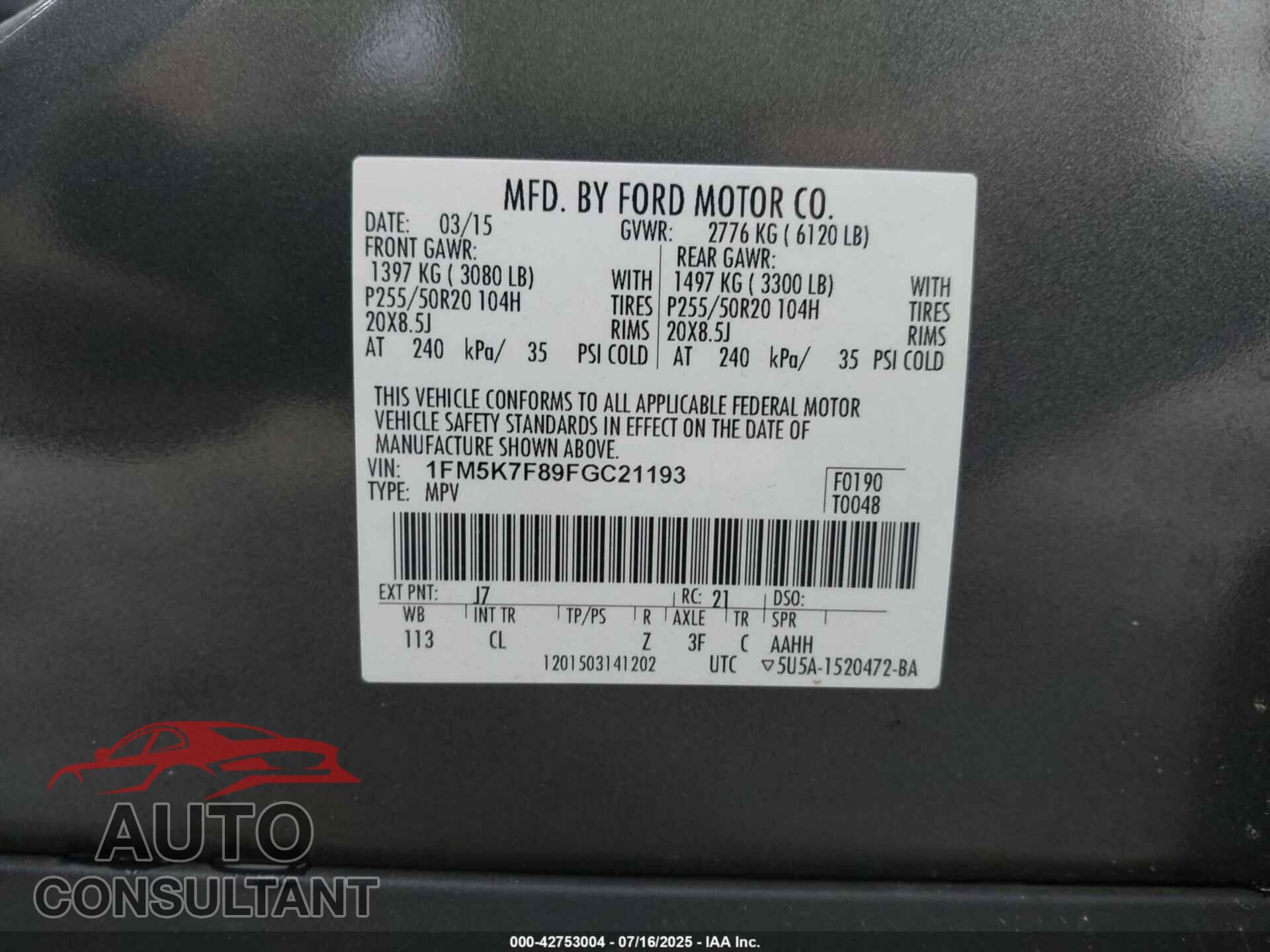 FORD EXPLORER 2015 - 1FM5K7F89FGC21193