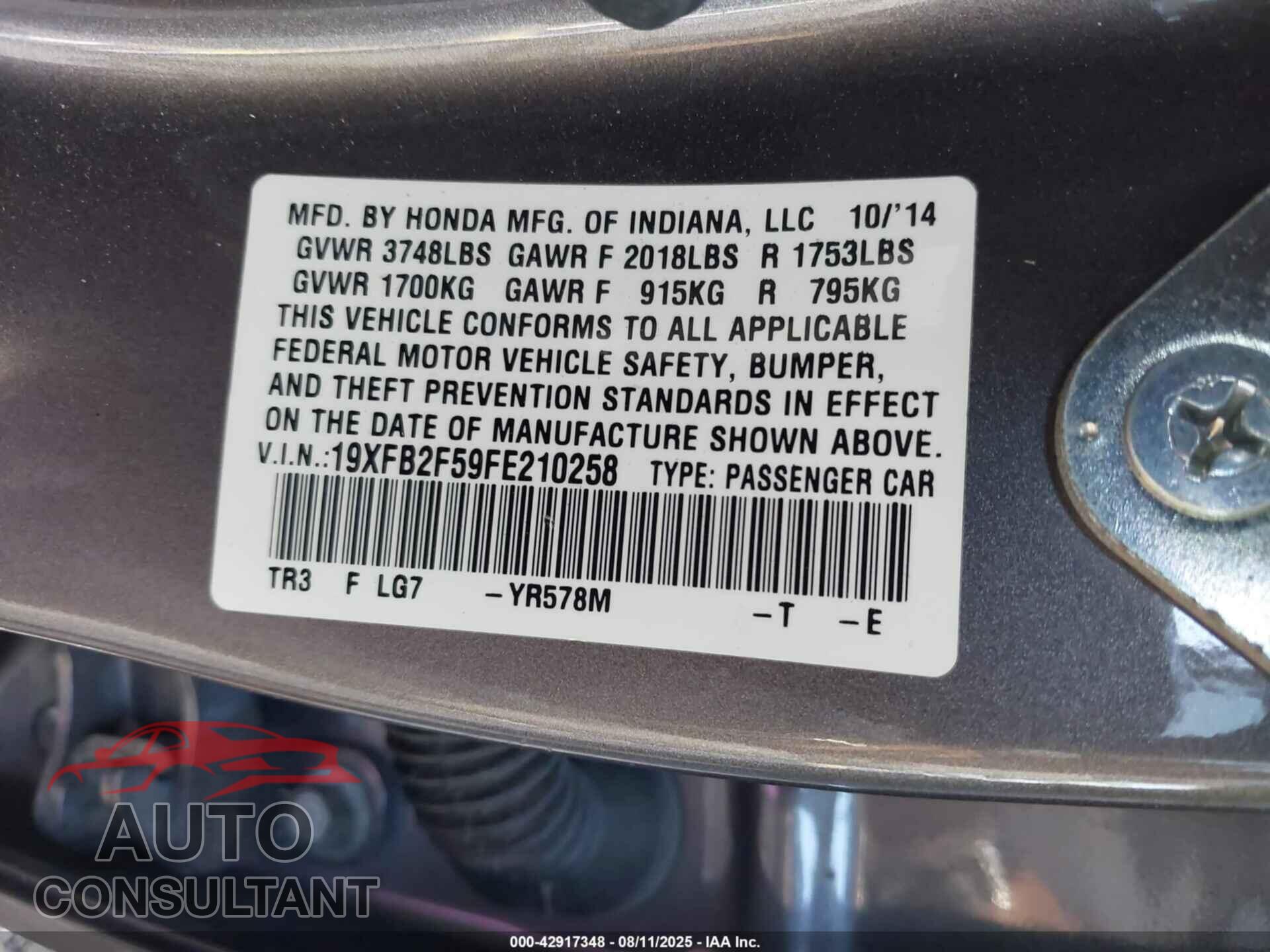 HONDA CIVIC 2015 - 19XFB2F59FE210258