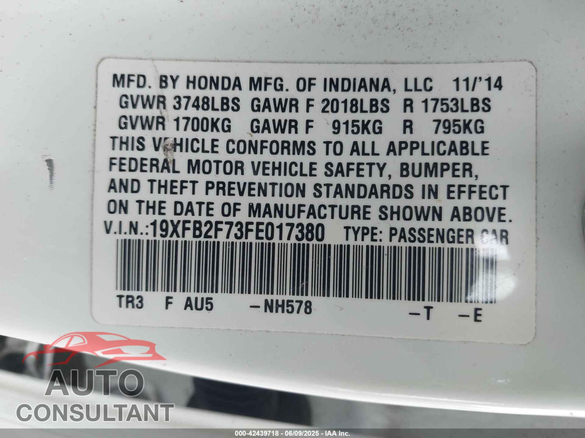 HONDA CIVIC 2015 - 19XFB2F73FE017380