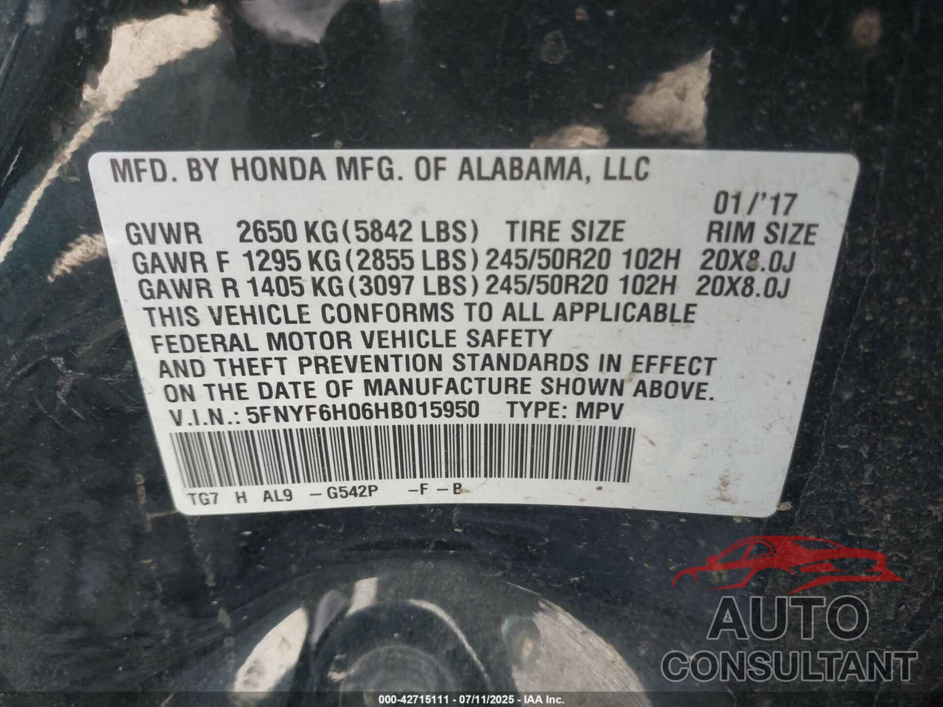 HONDA PILOT 2017 - 5FNYF6H06HB015950