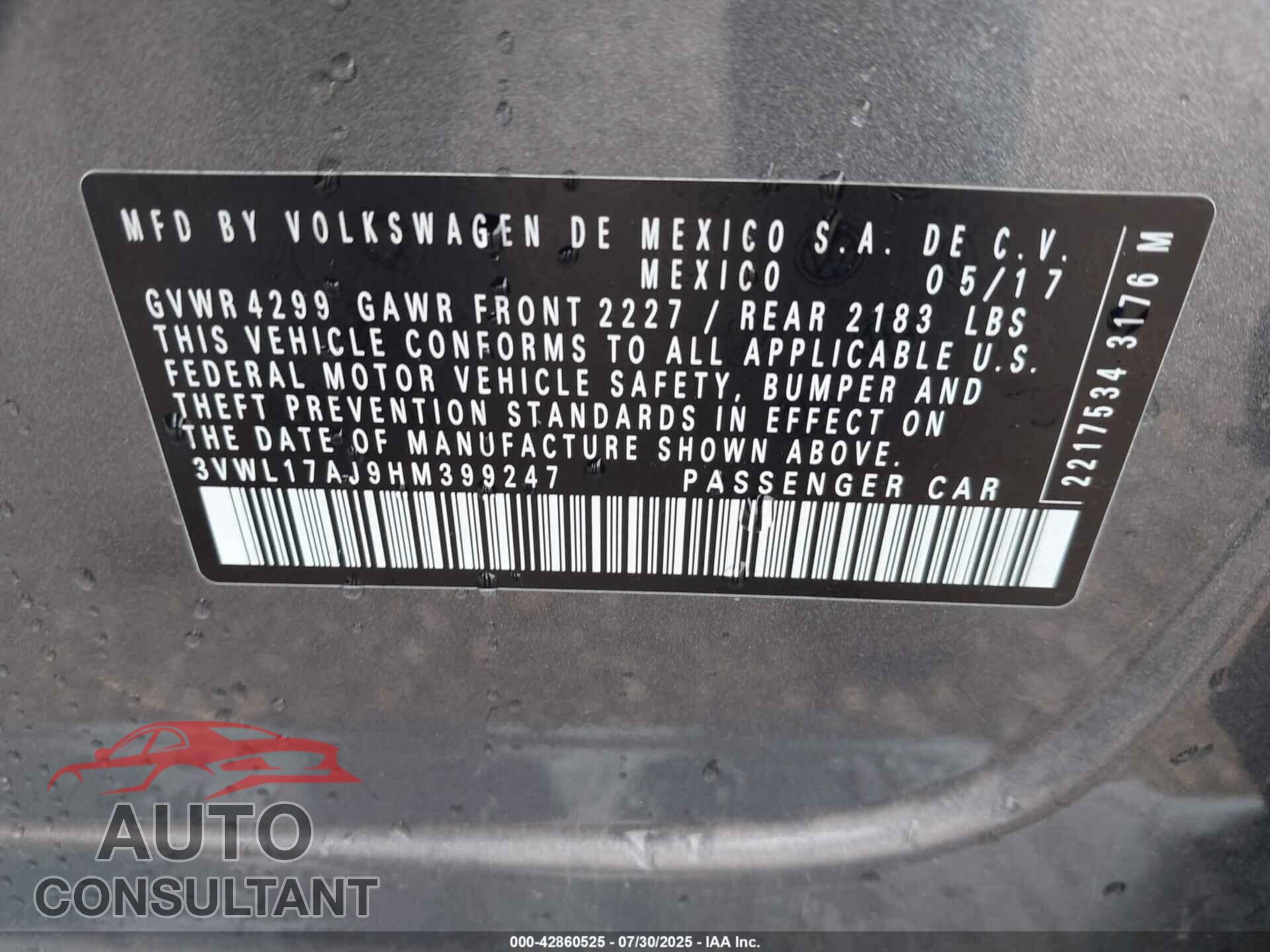 VOLKSWAGEN JETTA 2017 - 3VWL17AJ9HM399247