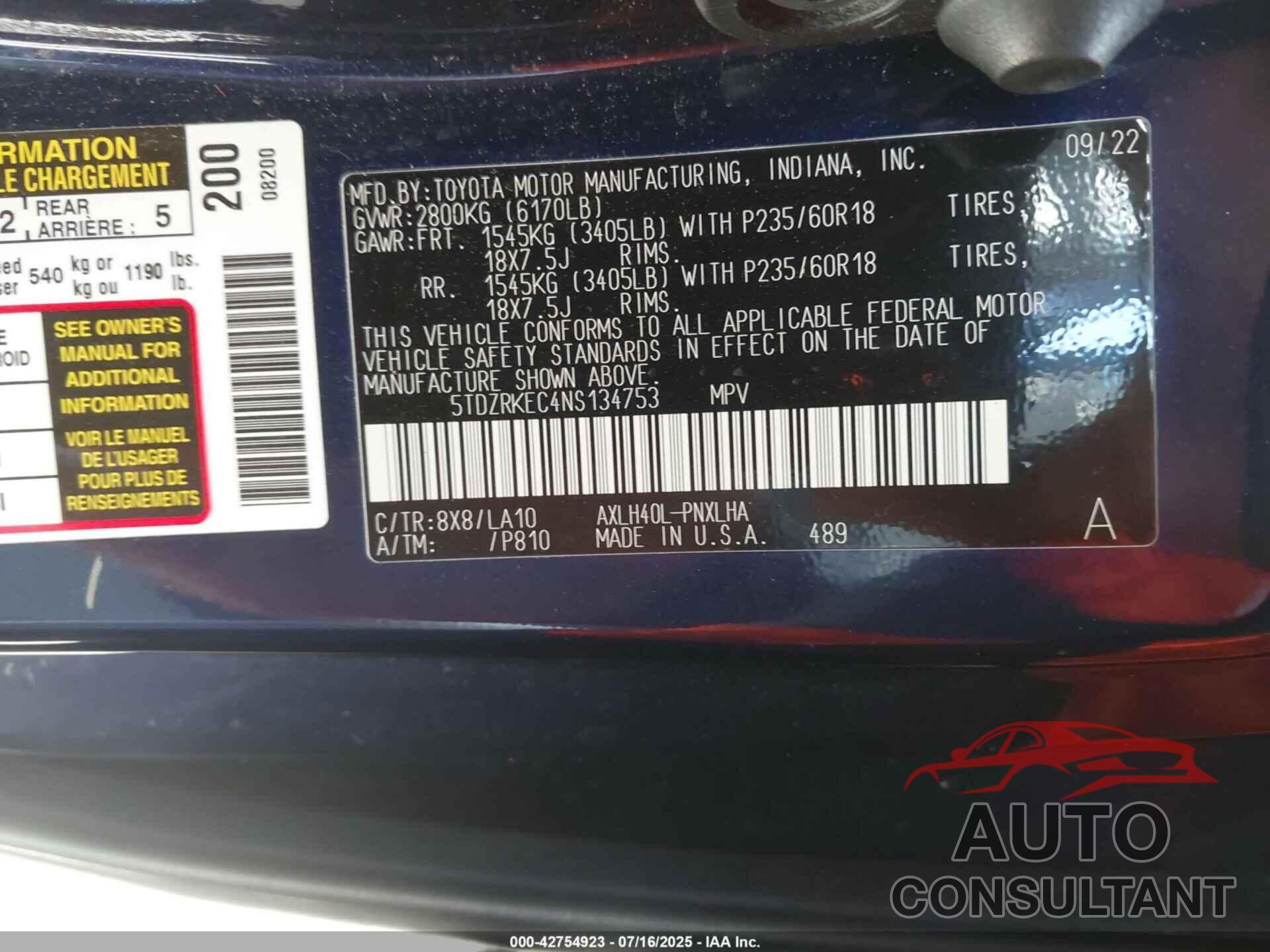 TOYOTA SIENNA 2022 - 5TDZRKEC4NS134753